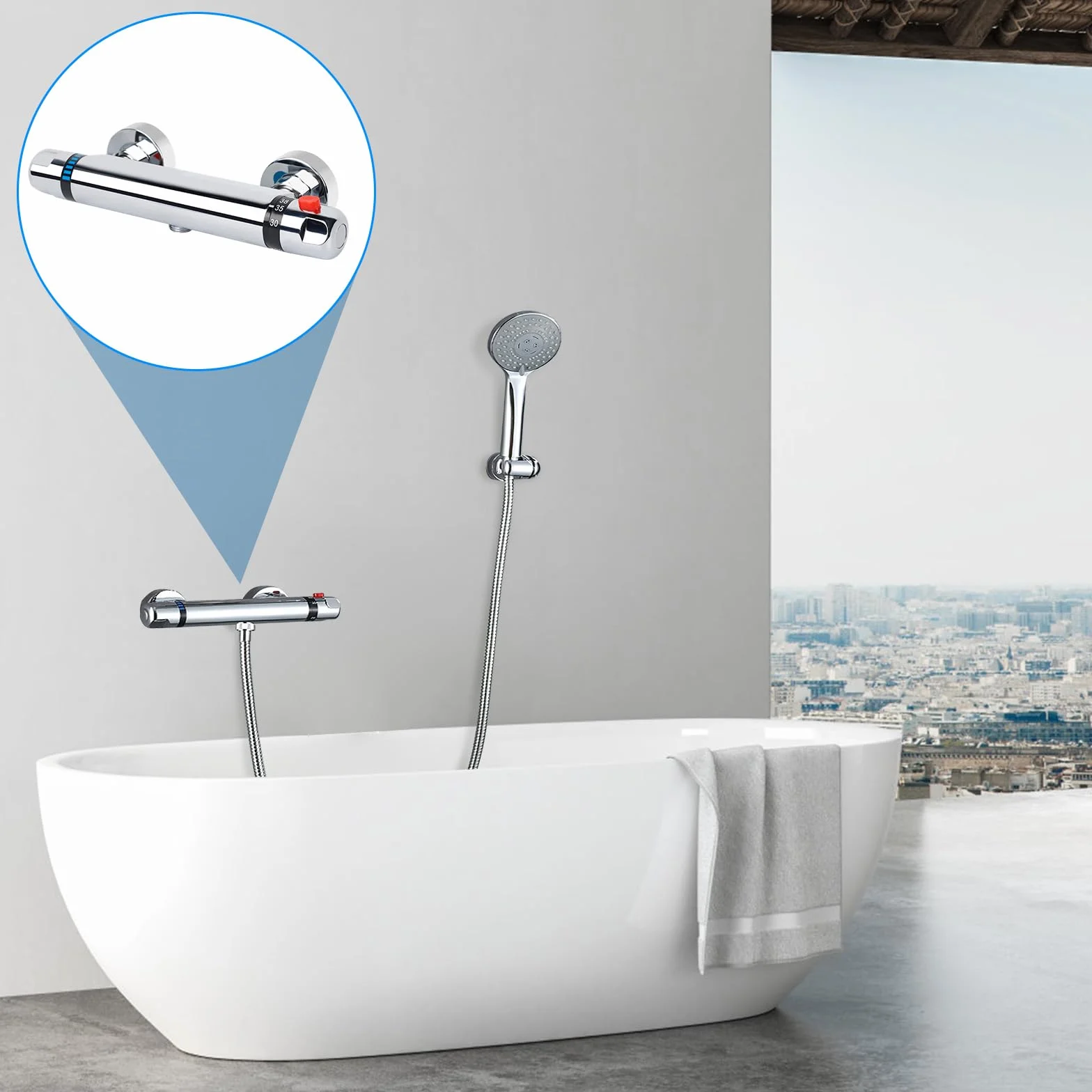 Miscelatore Doccia Termostatico G 1/2" a due Uscite, Blocco di Sicurezza 38°