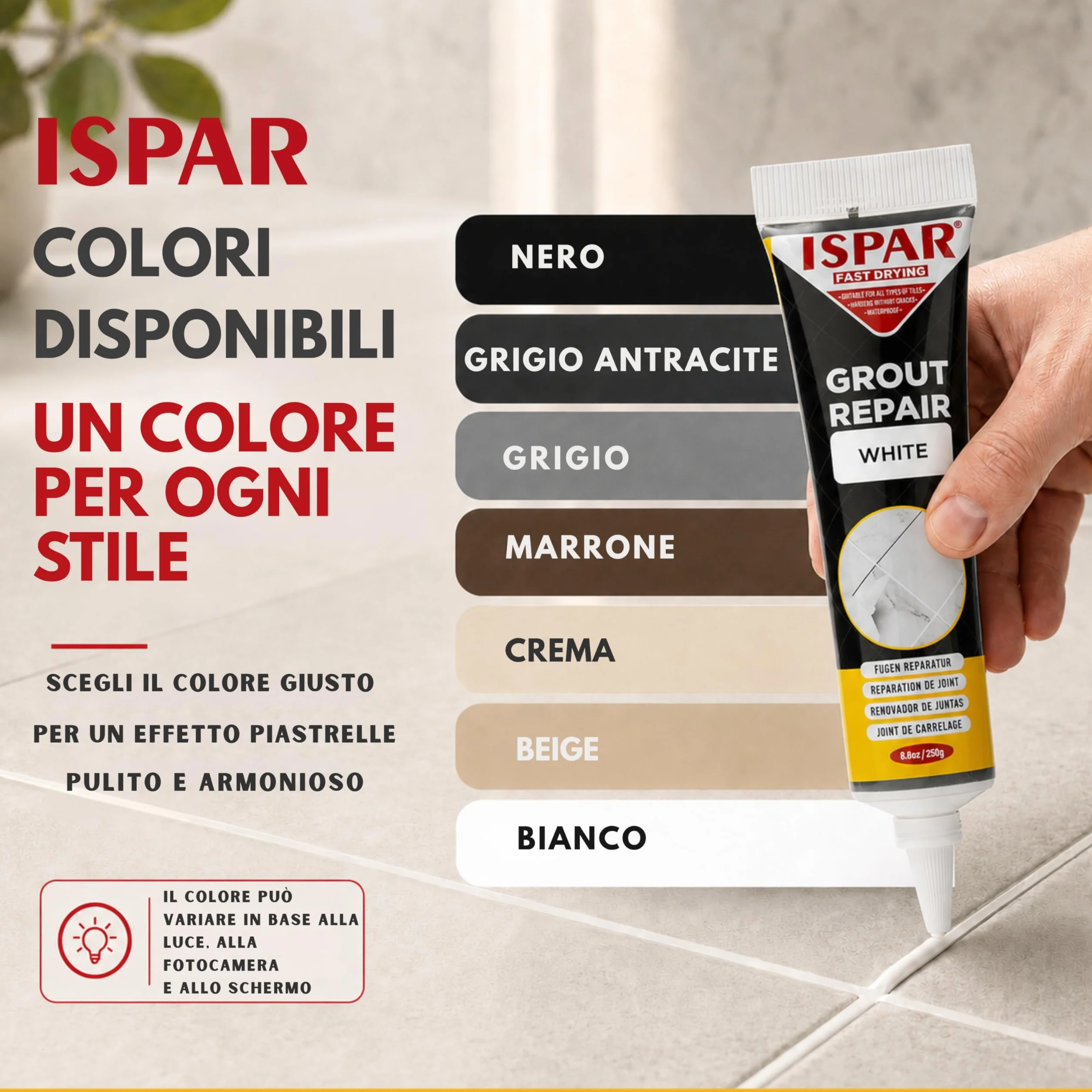 ISPAR Stucco per Fughe Crema 250 g, Riempitivo Pronto in Tubetto per Riparazione Fughe Piastrelle