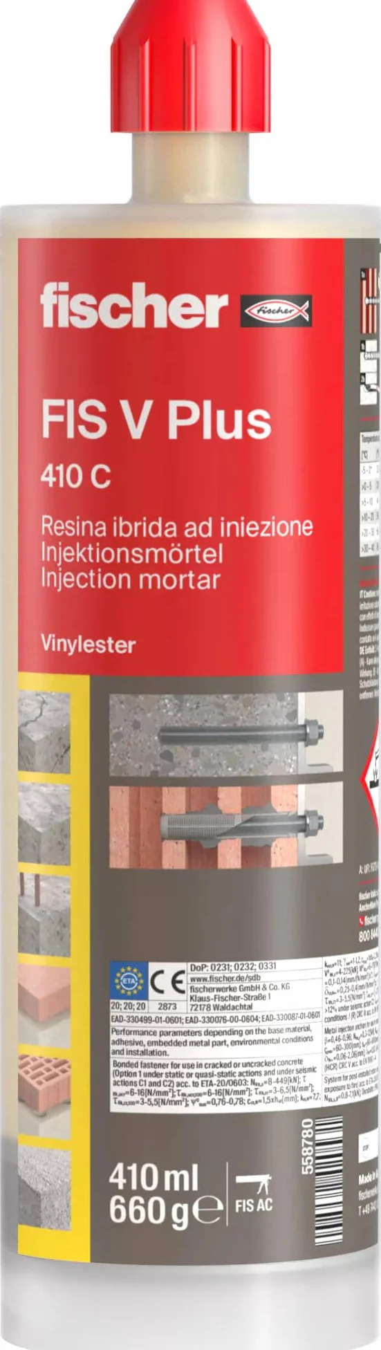 Fischer FIS V PLUS 410C Ancorante Chimico Strutturale per Calcestruzzo e Muratura, Cartuccia 410ml con 2 Miscelatori