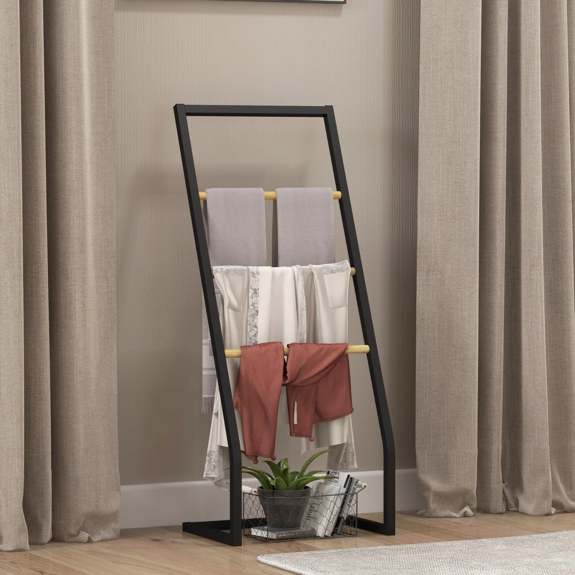 HOMCOM Portasciugamani a 4 Livelli in Acciaio e Bambù, 40.5x28x98 cm, Nero