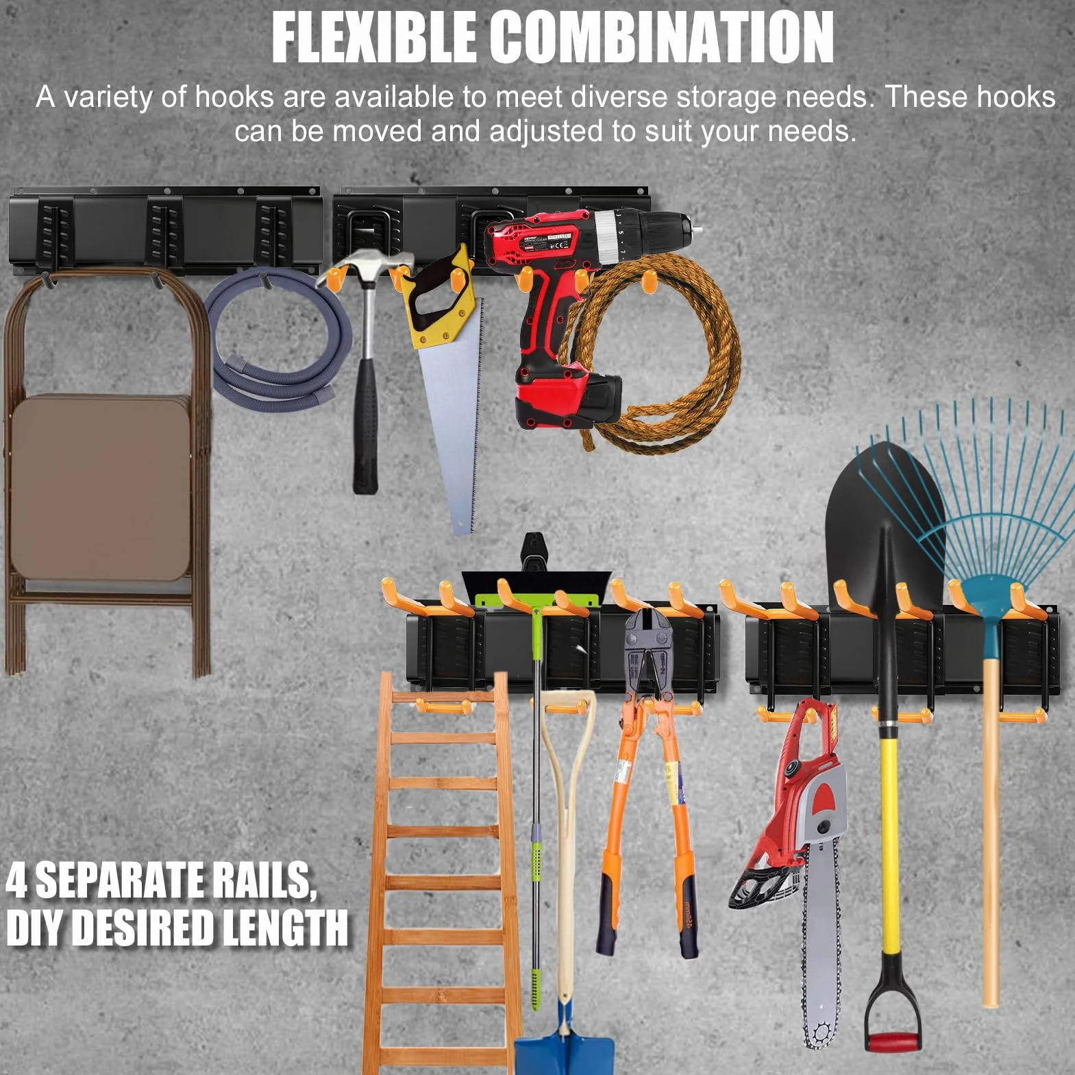 Supporto da Parete Pesante 162.4cm 200kg Portata Max 4 Guide 40.6cm 12 Ganci Antiruggine Organizzatore per Garage Officina