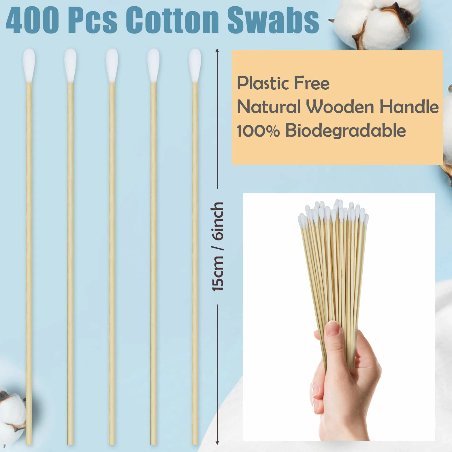 400 Pezzi Cotton Fioc Lunghi 15 cm Tampone di Cotone Lungo, Bastoncini Cotonati Lunghi in Legno Per La Pulizia, Il Trucco, L'artigianato e L'arte