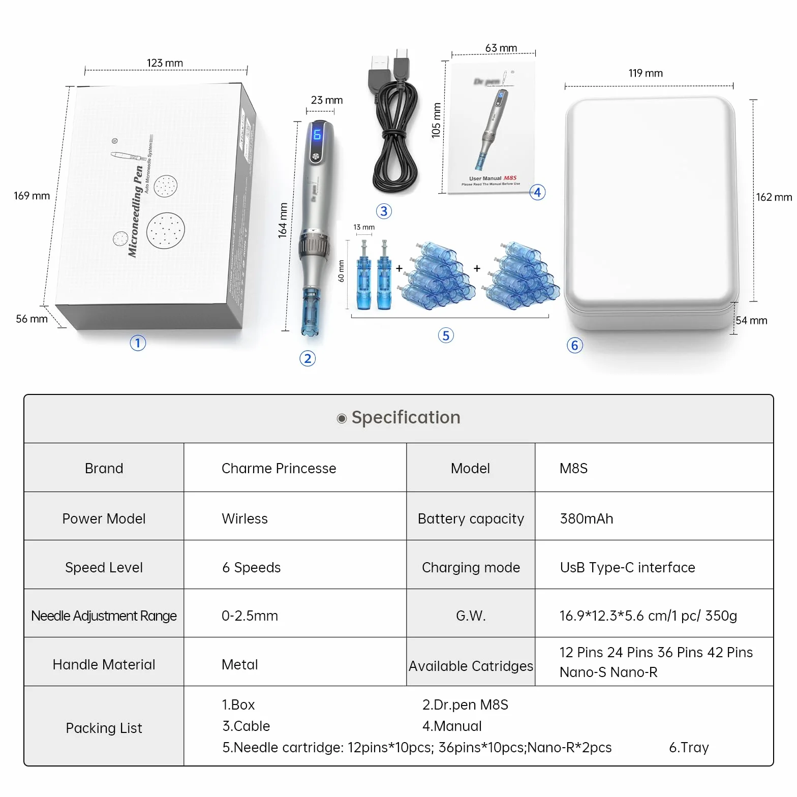 M8S Microneedling Pen Professional Wireless Dermapen with 22 Replacement Cartridges Needles 6 Speeds Adjustable Micro Needling Microneedle Machine for Skin Care M8SKIT-UK