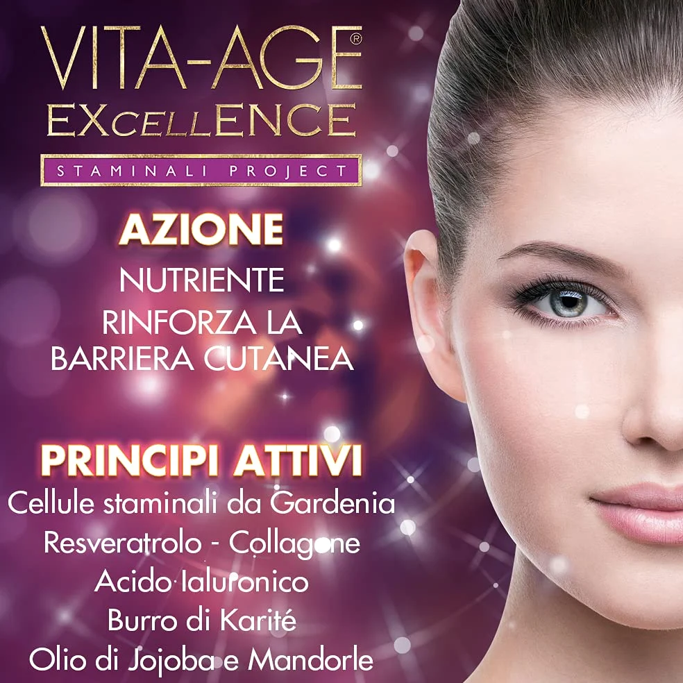 Bottega di LungaVita TRATTAMENTO VISO NUTRIZIONE TOTALE VITA-AGE EXCELLENCE - Crema viso giorno e notte dall’azione anti-age nutriente, ridensificante. Con Collagene, cellule staminali da gardenia e resveratrolo - Nutre e rinforza la barriera cutanea, dim