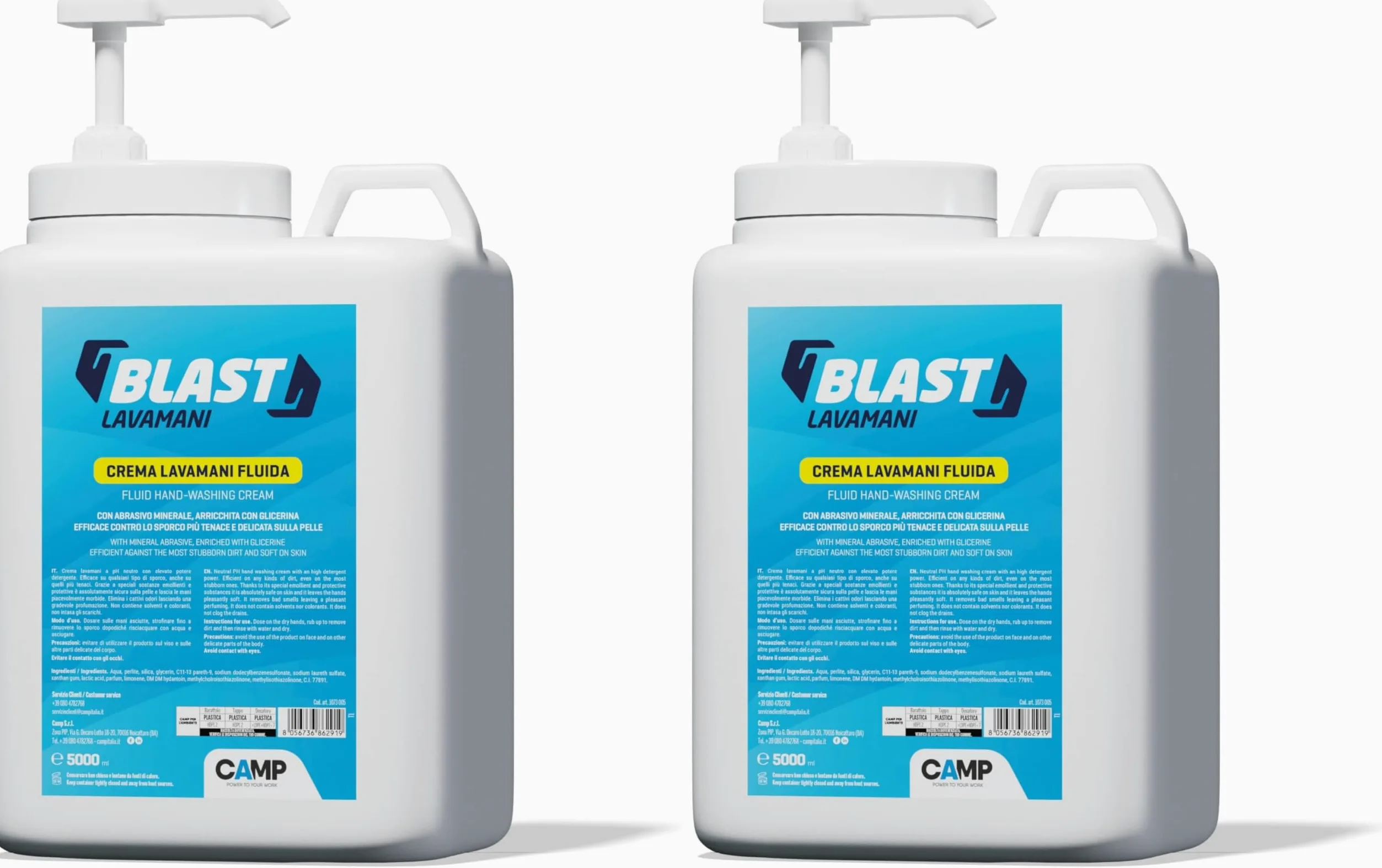 CAMP Blast - Crema Lavamani Fluida con Dosatore ad Azione Detergente e Sgrassante, Pasta Lavamani con Abrasivi Naturali, Ideale per Officina e Lavori Manuali - Delicata sulla Pelle, Made in Italy, 5l