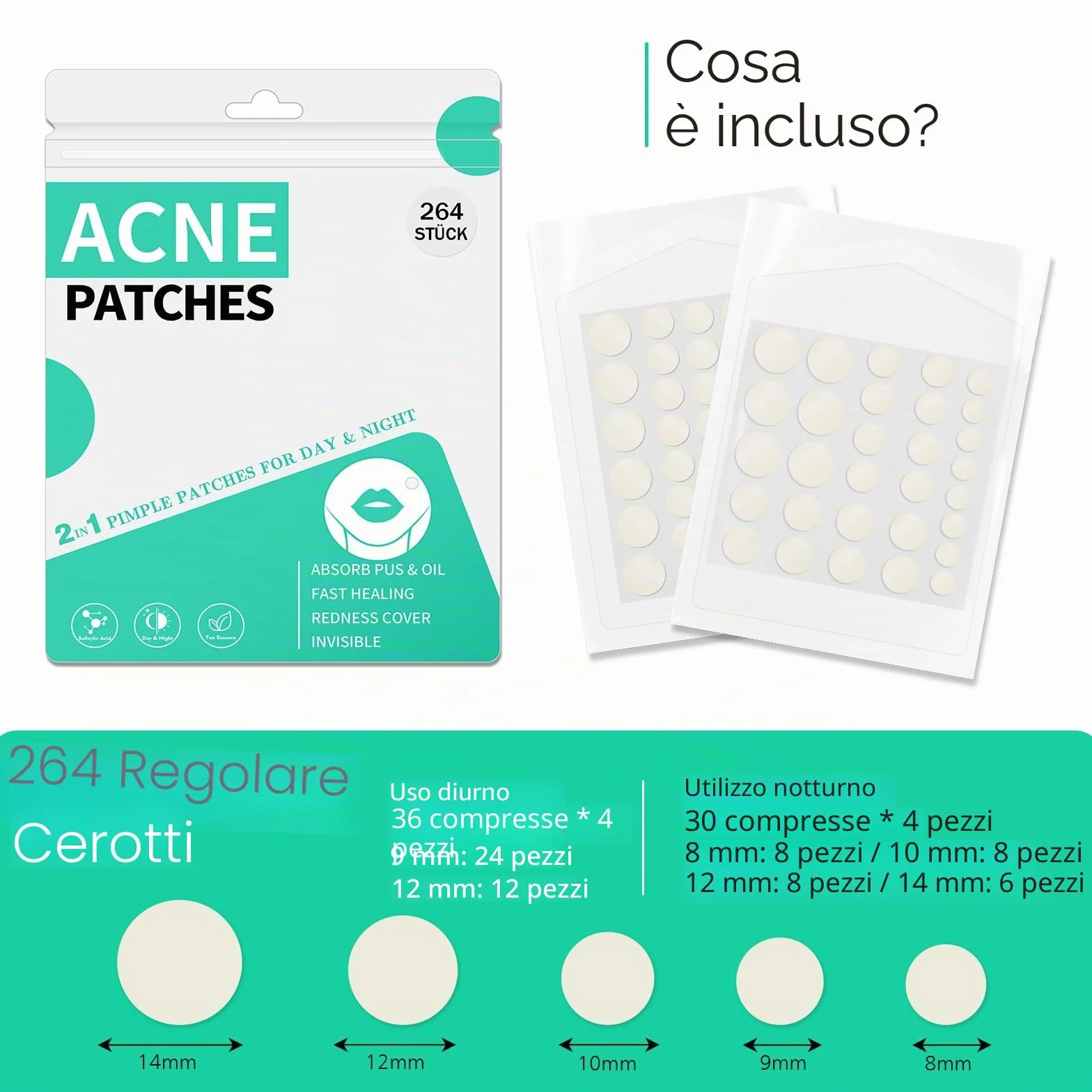 264 Pezzi Patch Brufoli Cerotto Brufoli Idrogel Pimple Patch Giorno e Notte Della Acne Patch 2-In-1 Cerotti Per Brufoli Impermeabile e Traspirante Invisibile Cerotti Brufoli Viso