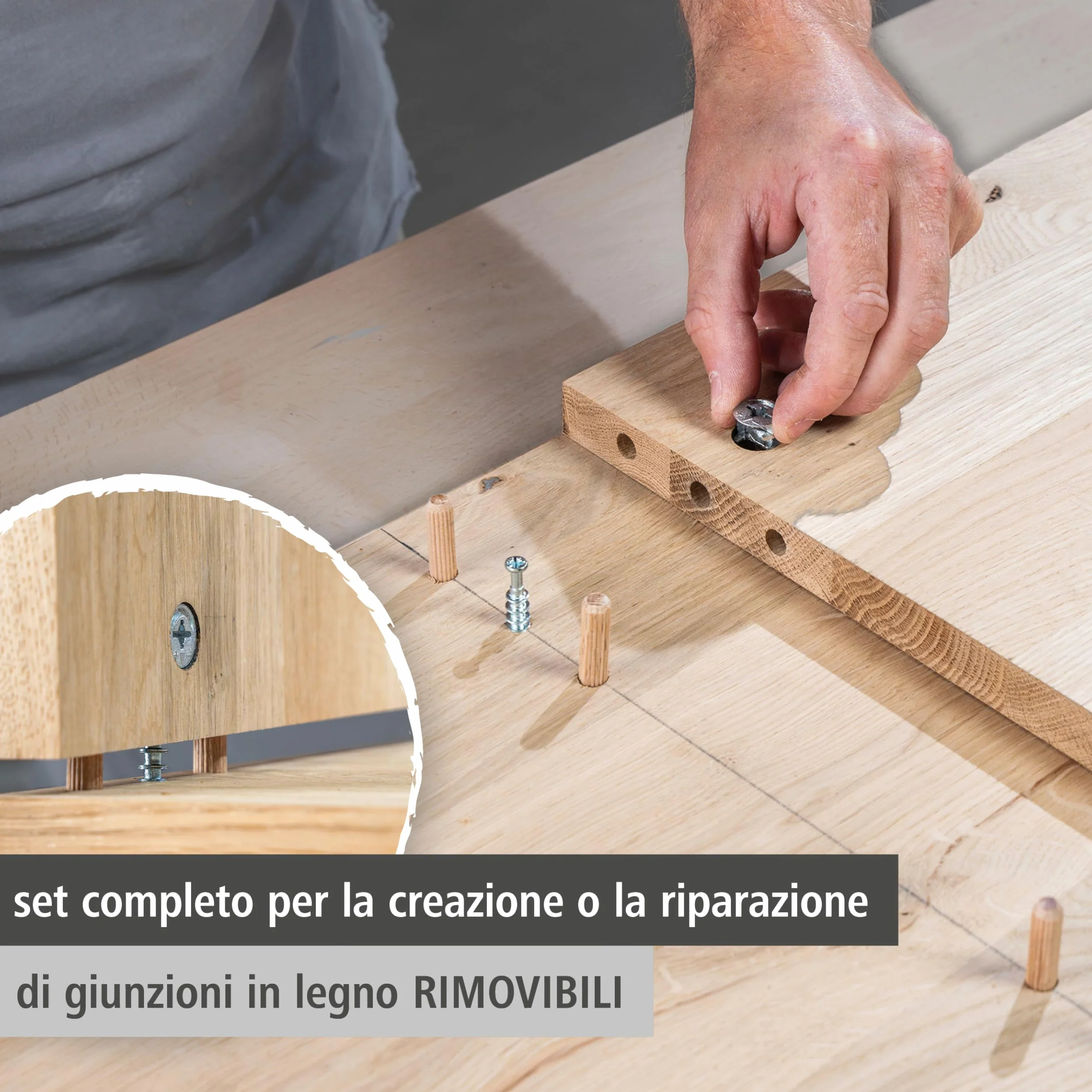Wolfcraft Set Giunzioni Eccentriche per Mobili, Dima Foratura con Punte, Arresti Profondità, Tasselli Legno per Giunzioni Piane, Angolo e T