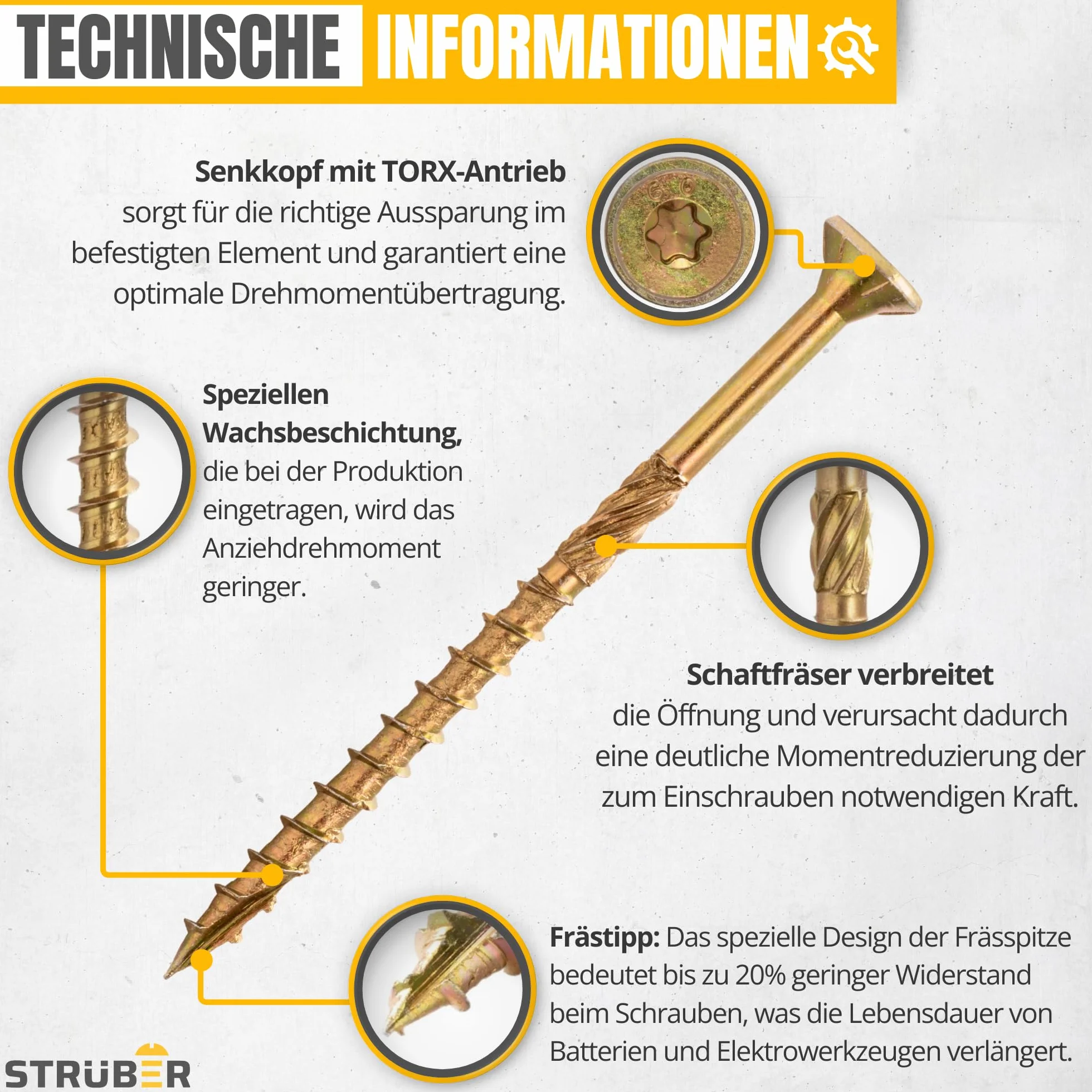 STRÜBER Viti per legno a testa svasata Torx 4x60 mm 200 pezzi Acciaio zincato giallo