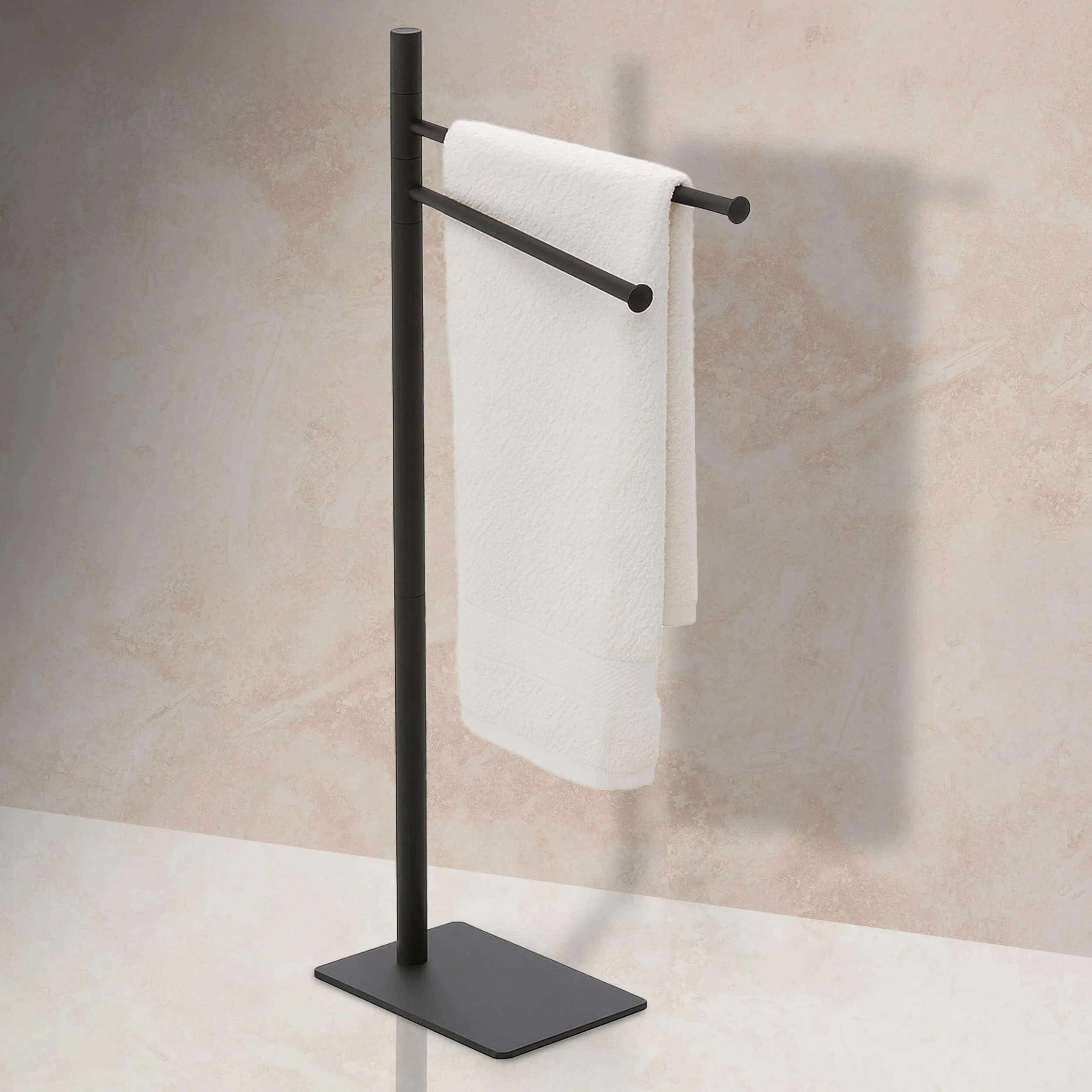 Relaxdays Portasciugamani a 2 Bracci Mobili, Piantana da Bagno in Metallo, Nero, 78,5x33,5x14 cm
