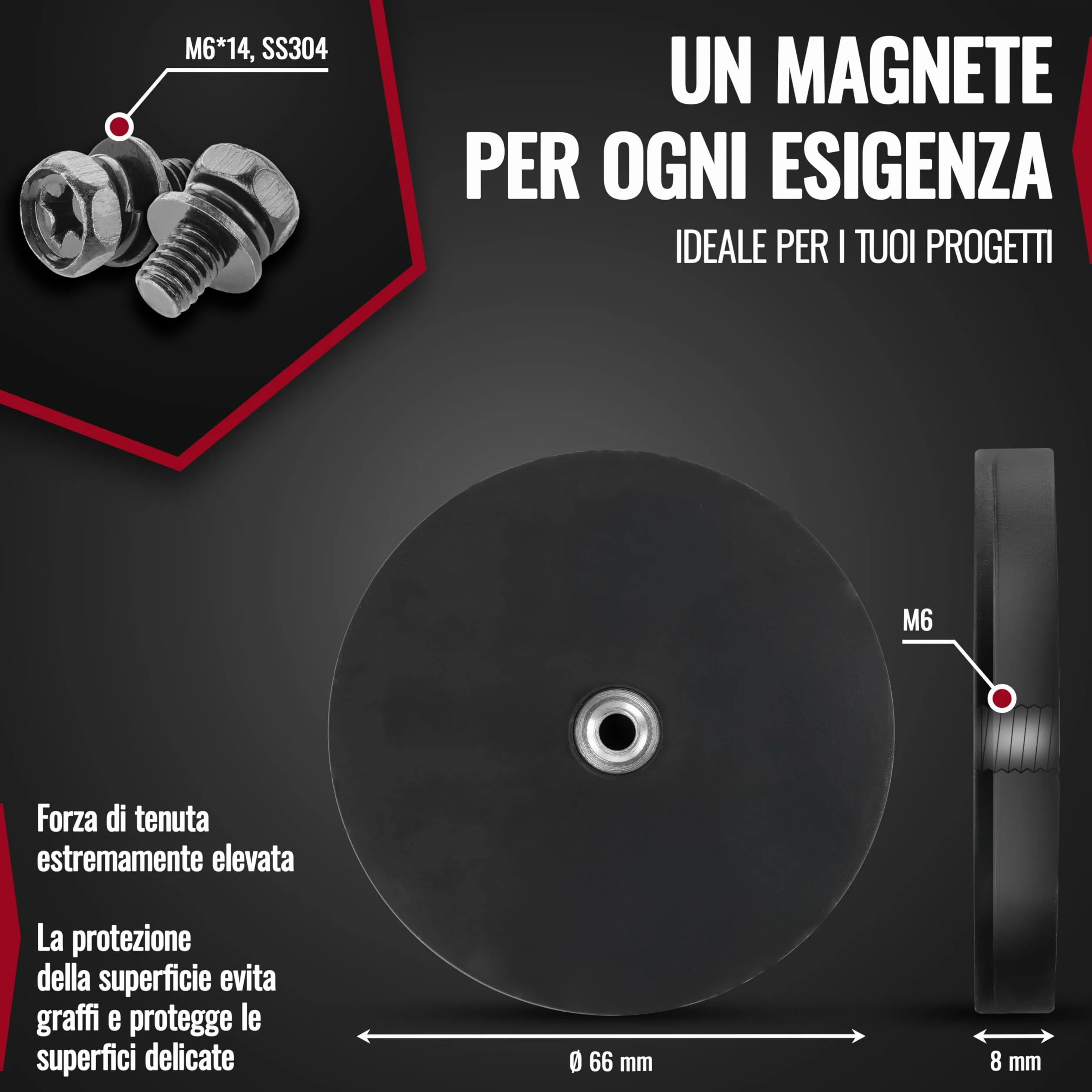Poppstar 2x Magneti Gommati Neodimio Diametro 66 mm Filetto Interno M6 Forza 20 kg con Chiave e Viti