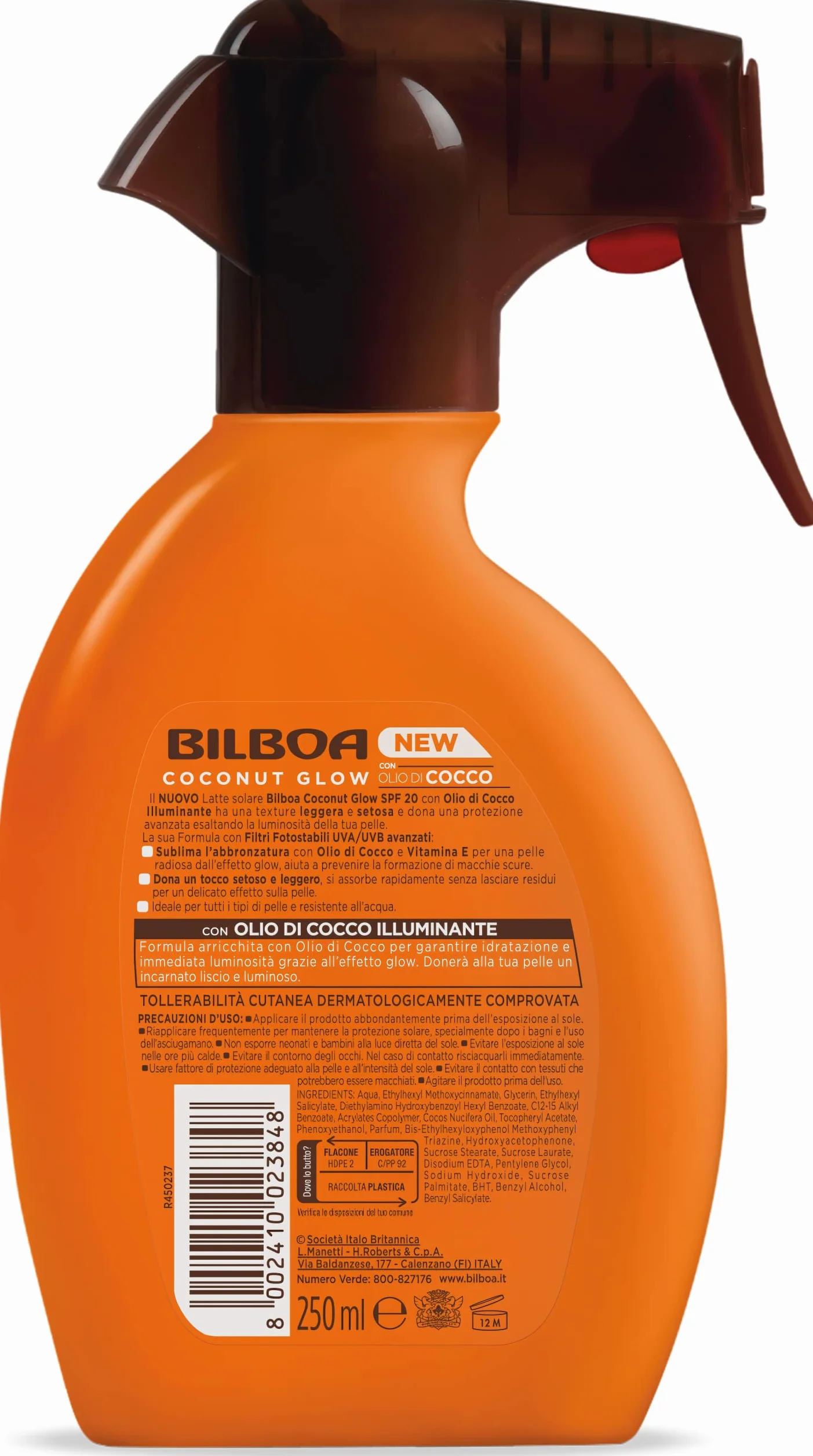 Bilboa, Trigger Solare Coconut Glow SPF 20, Crema Solare Spray con Olio di Cocco e Vitamina E, Leggera sulla Pelle, Protezione Solare Resistente all'Acqua, 250 ml