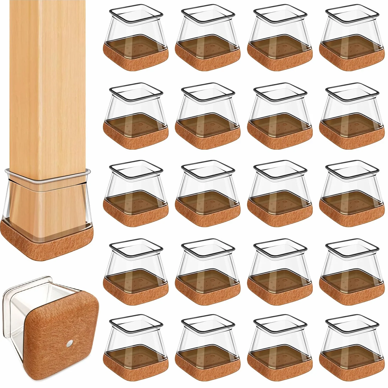 Gommini per Sedie Quadrat Trasparente Silicone con Feltrini, Protezioni per Gambe Sedie per Pavimenti in Legno Fit 27-36mm 32 Pezzi