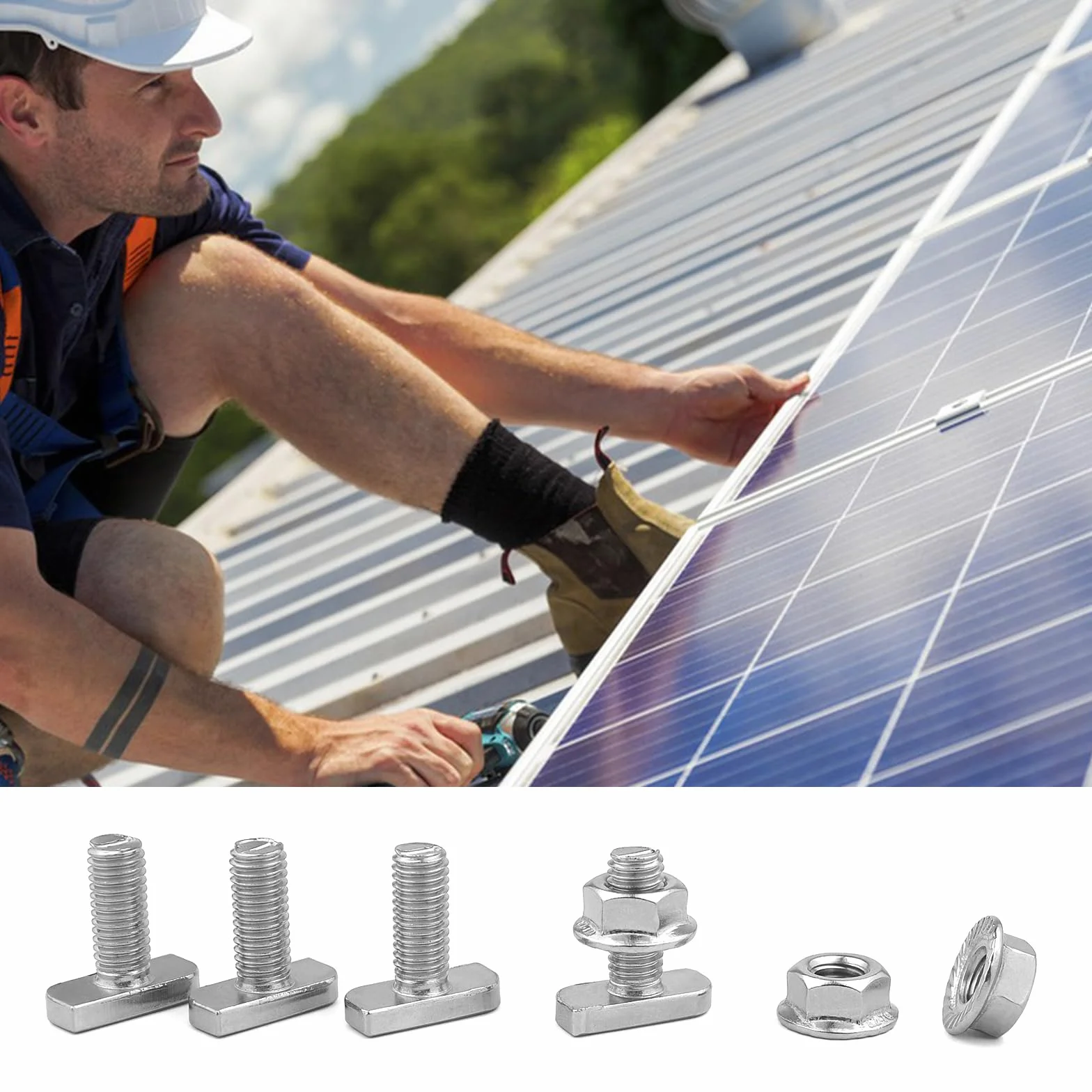 Viti a Testa Martello M8 x 20 mm T Bolt Bullone con Dadi a Flangia M8 per Moduli in PVC, Profilo Alluminio Fotovoltaico