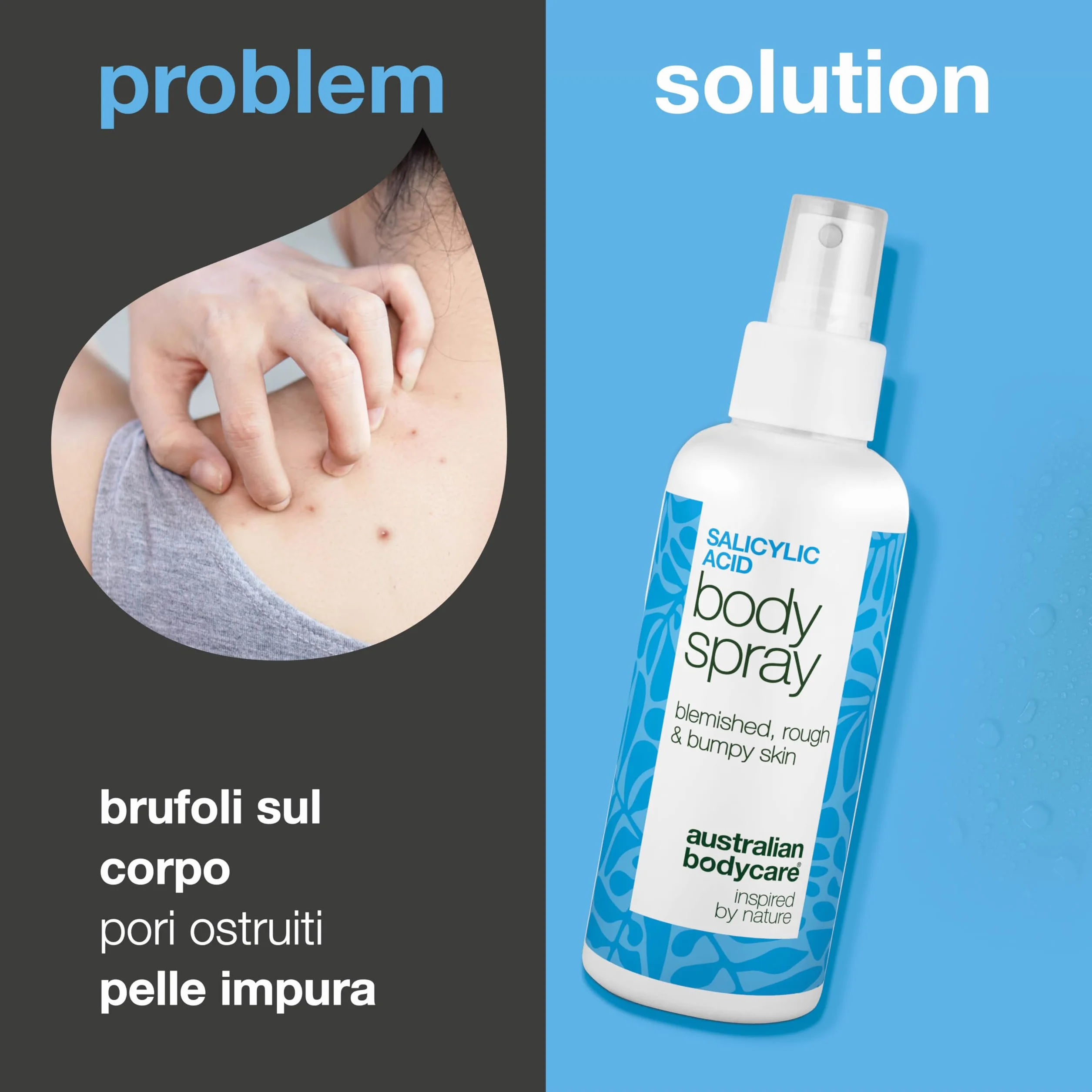 Spray di acido salicilico contro brufoli, pelle impura e pori ostruiti, con 2% di acido salicilico e acido glicolico per una pulizia profonda dei pori