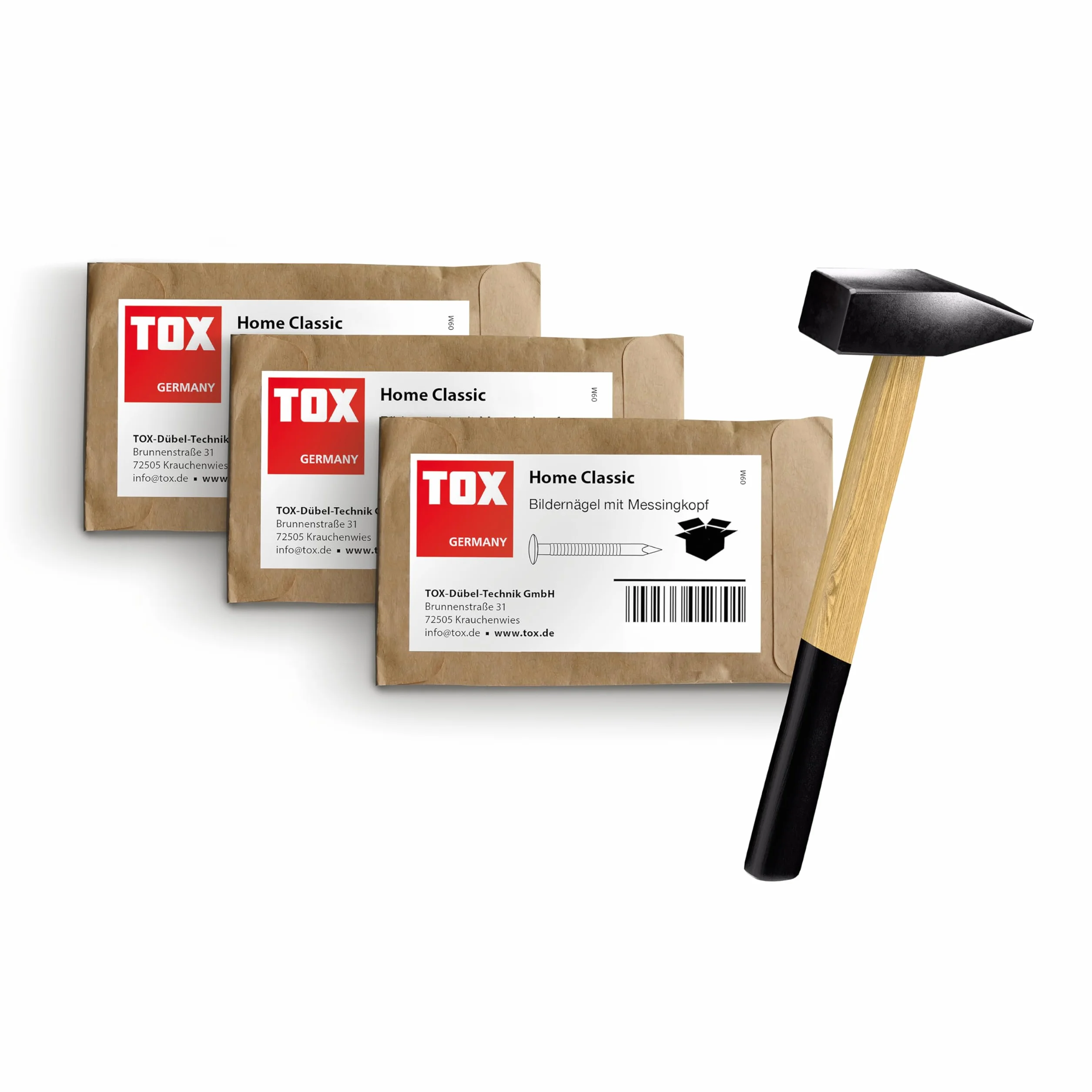 Chiodi per quadri TOX Home Classic 3 misure 2,0x25/30/50 mm acciaio temprato testa ottone martello 300 g 20 pezzi ciascuno