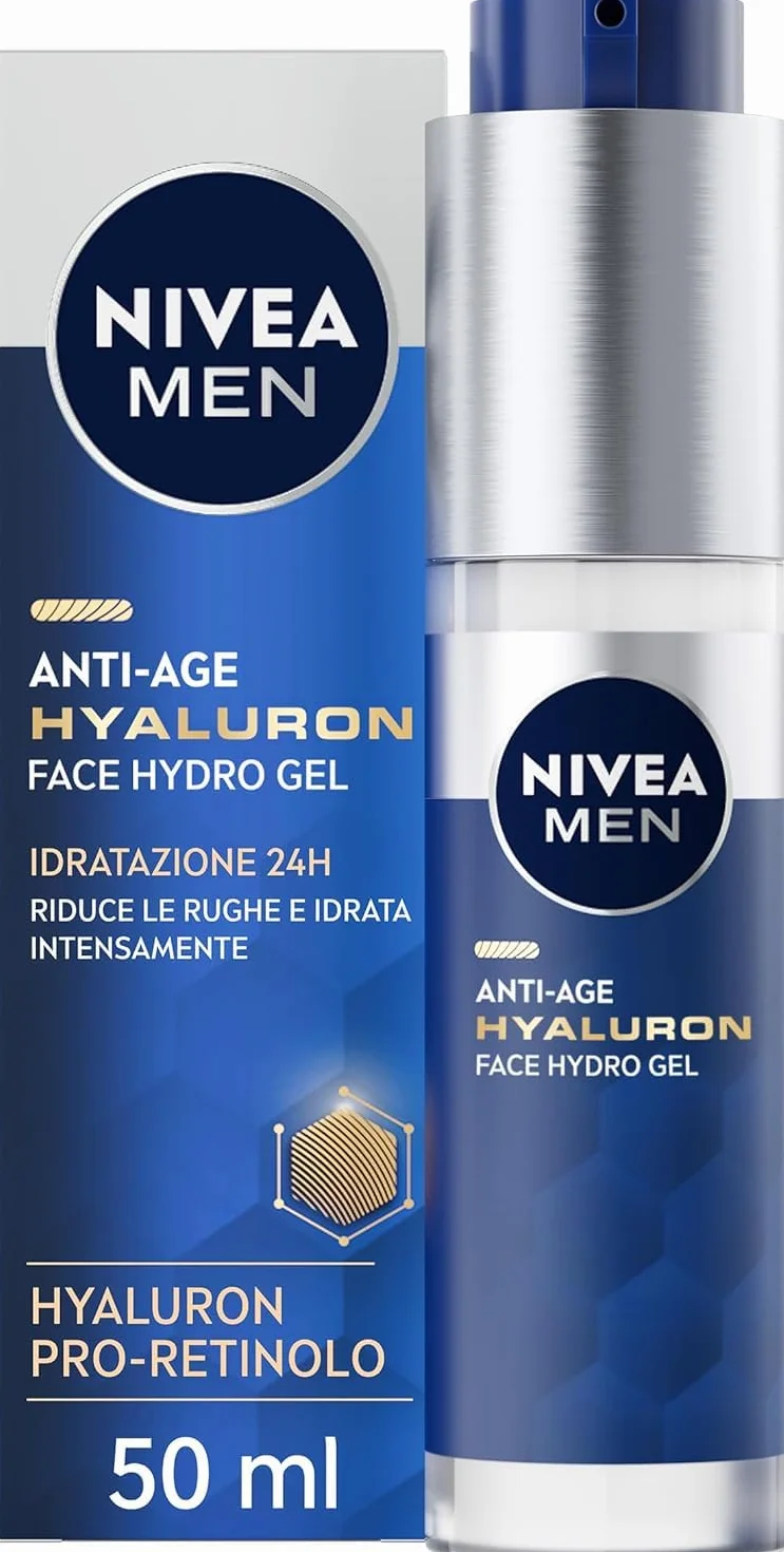 NIVEA MEN Anti-Age Hyaluron Hydro Gel Uomo 50 ml, Crema viso uomo per pelli mature, Crema viso acido ialuronico idratante, rivitalizzante e rinfrescante