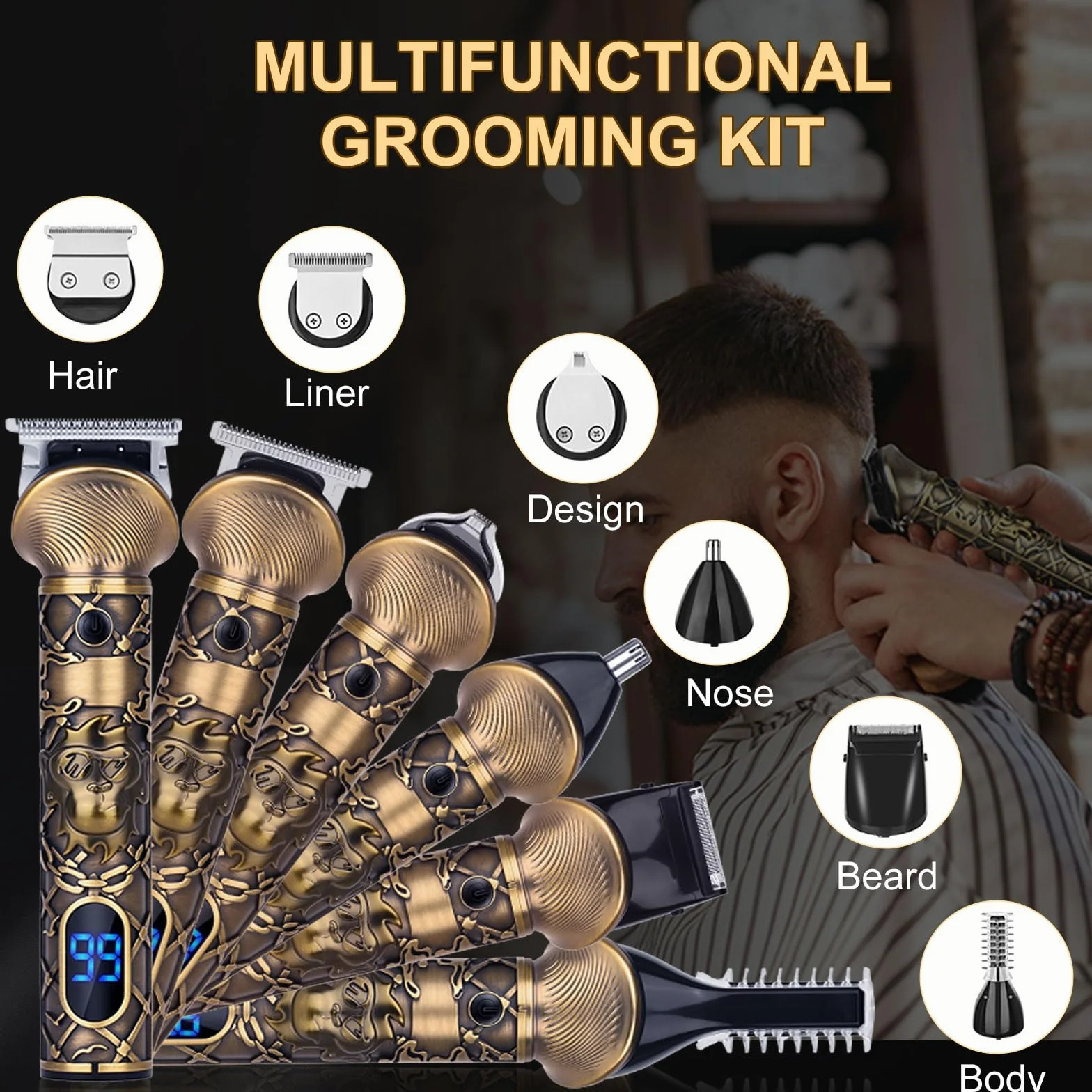 Tagliacapelli Uomo Professionale, Rasoio Elettrico Barba 6 in 1, Macchinetta per Capelli e Corpo, Regolabarba Tagliabarba Cordless Grooming Trimmer Kit con Display LED, Ricarica Rapida Tipo C