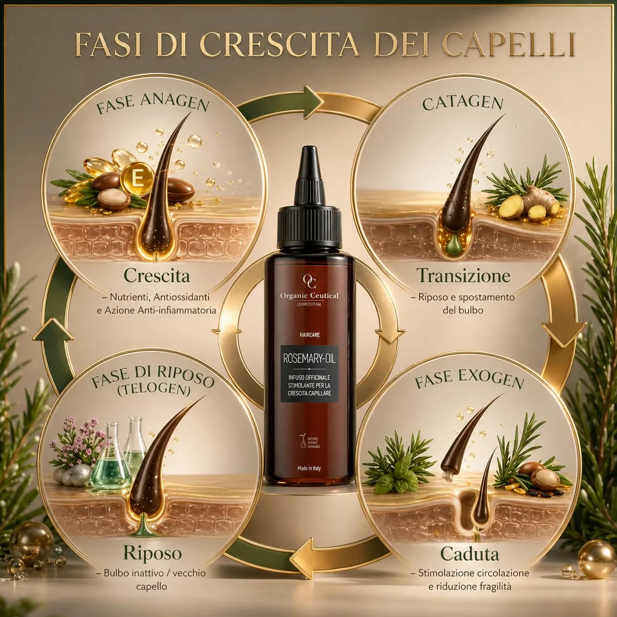 Organic Ceutical Olio Rosmarino Organico, 150 ml, Infuso Officinale Stimolante per la Crescita Capillare, Rosemary Oil Pre Shampoo, Trattamento Professionale, Rinforzante per Capelli Deboli e Sottili