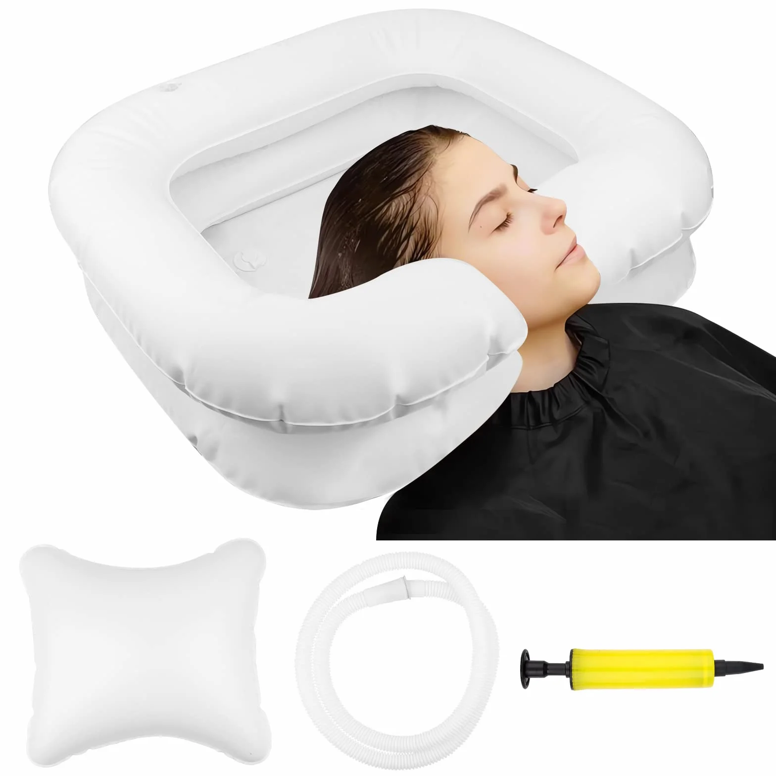 Lavatesta Gonfiabile Portatile per Parrucchieri, Lavandino Mobile con Cuscino Piccolo, Drain Tubo, Bacinella Bacino per Lavaggio Capelli, 60x55x22cm Bianco