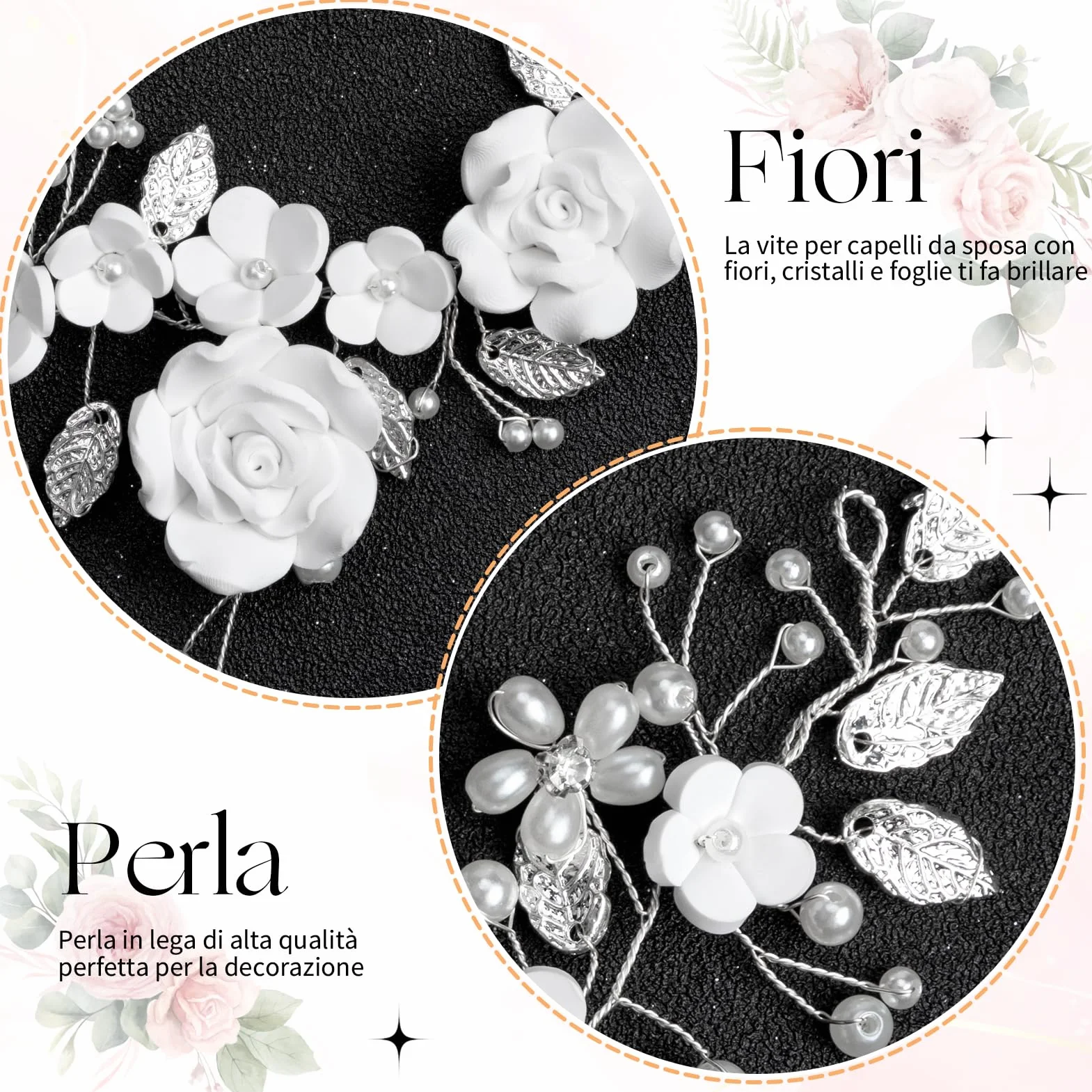 Kiiwah Fiore Sposa Matrimonio Capelli Vite Cristallo Fasce per Capelli Accessori Capelli Sposa Argento, Forcine a Forma Perlé a Forma Di U per Donne e Ragazze