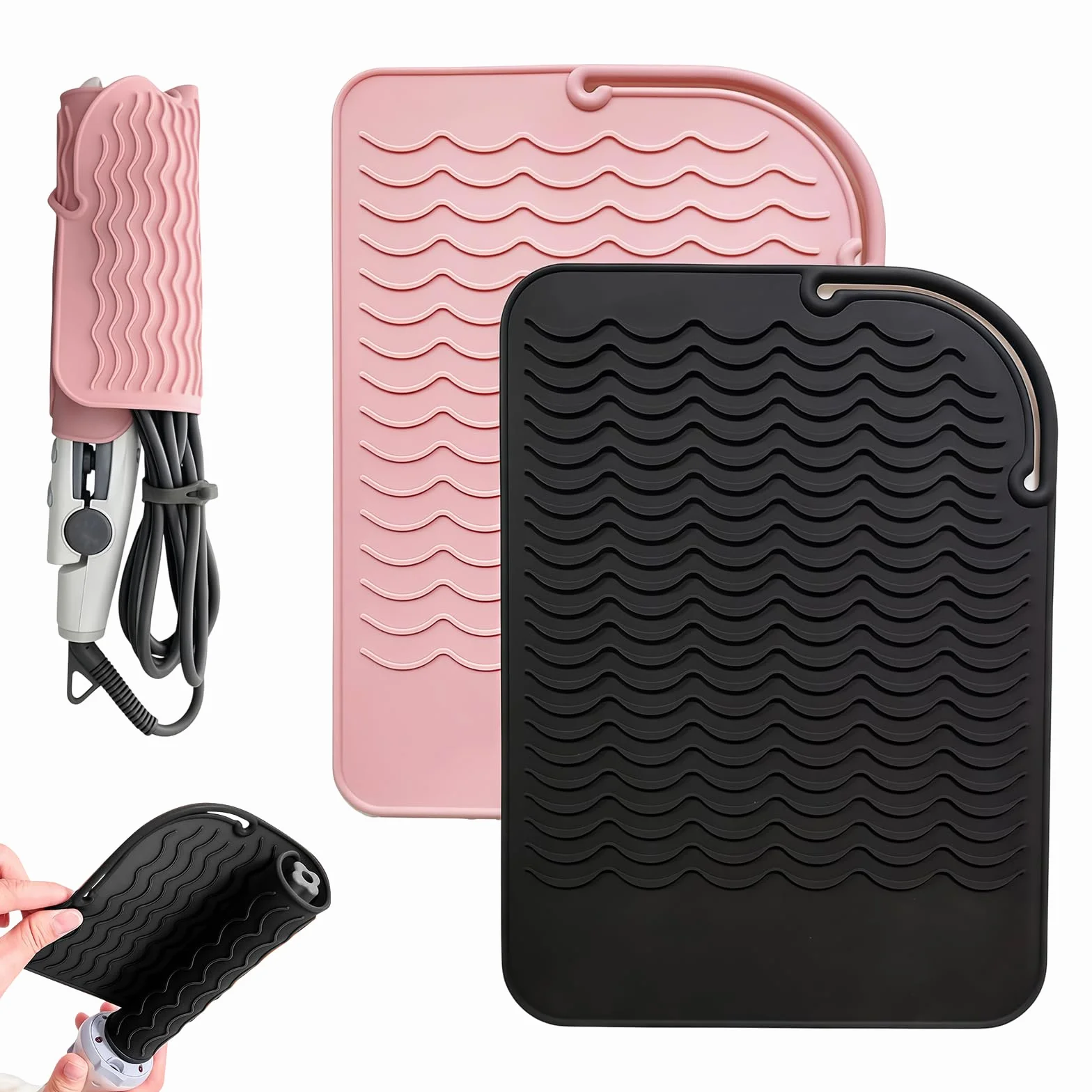 Tappetino termoresistente in silicone 2 pezzi nero e rosa 23x16cm per piastra capelli e ferro arricciacapelli resistente fino a 230°C antiscivolo facile da pulire per casa e salone