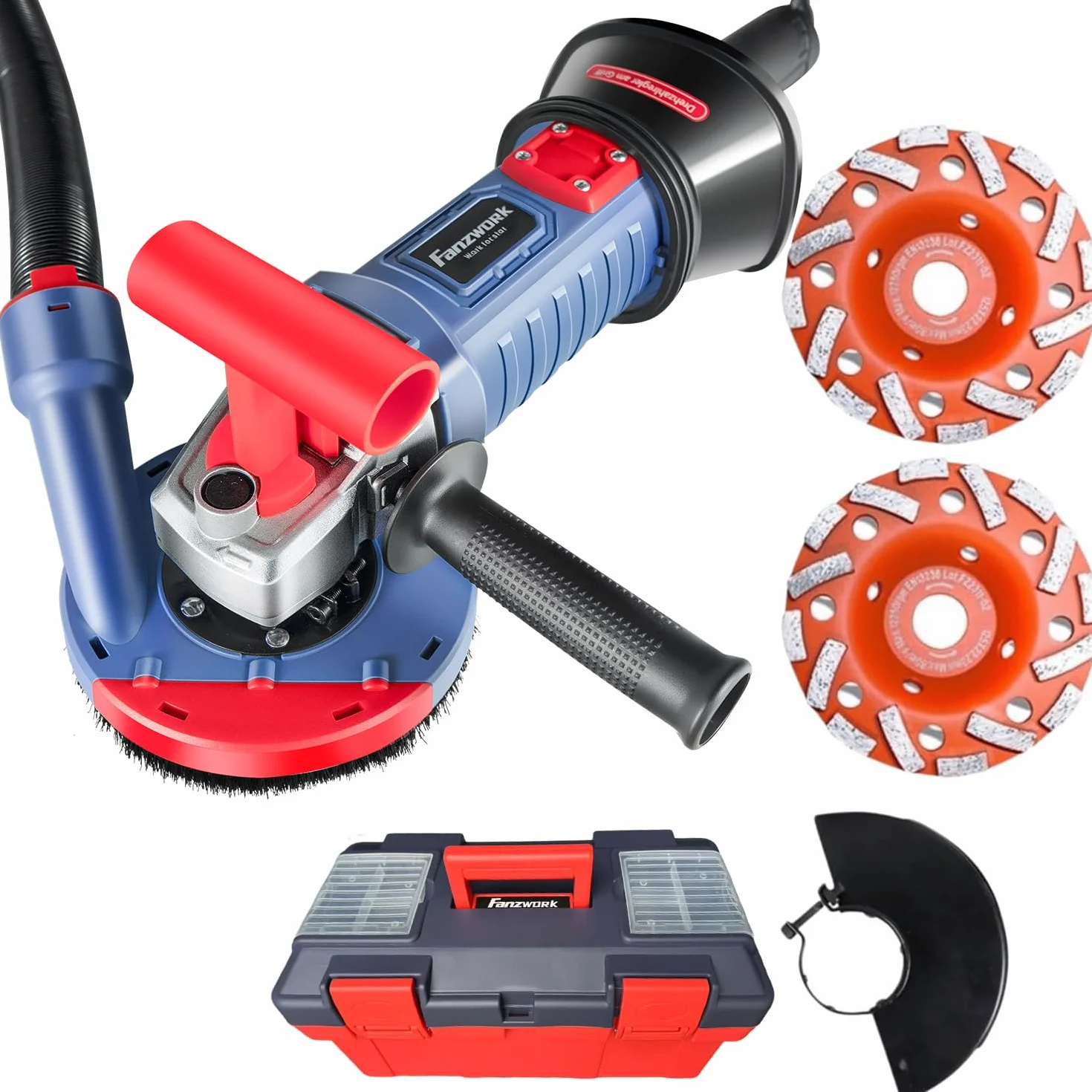 FANZWORK Levigatrice per Cemento 1500W, 2 Dischi Diamantati 125mm, Cappa Antipolvere, Manico a T, Velocità Regolabile