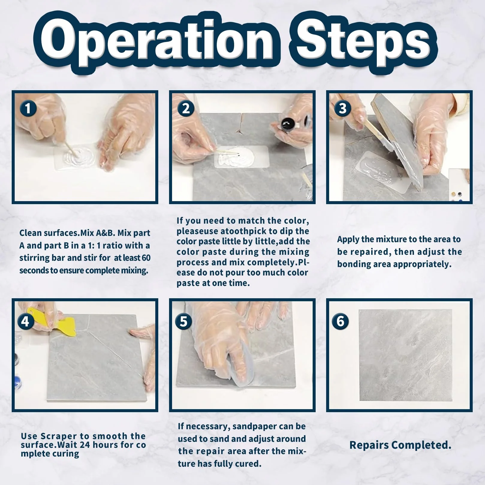Kit Riparazione Piastrelle Granito Marmo Impermeabile, Resina Acrilico per Marmo Quarzo Porcellana
