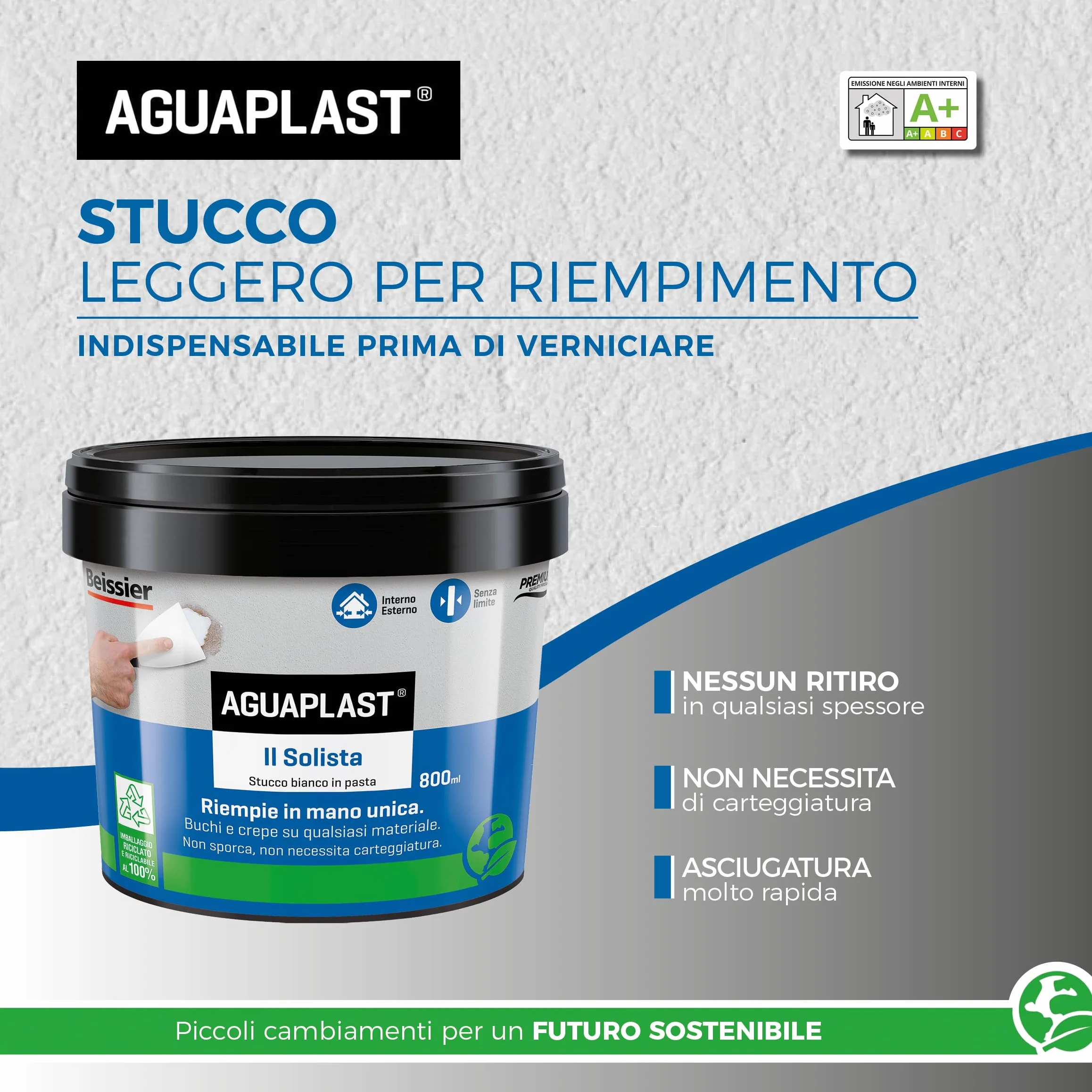 AGUAPLAST Il Solista Stucco leggero pasta riempire buchi crepe fughe muro gesso legno Bianco 800 ml