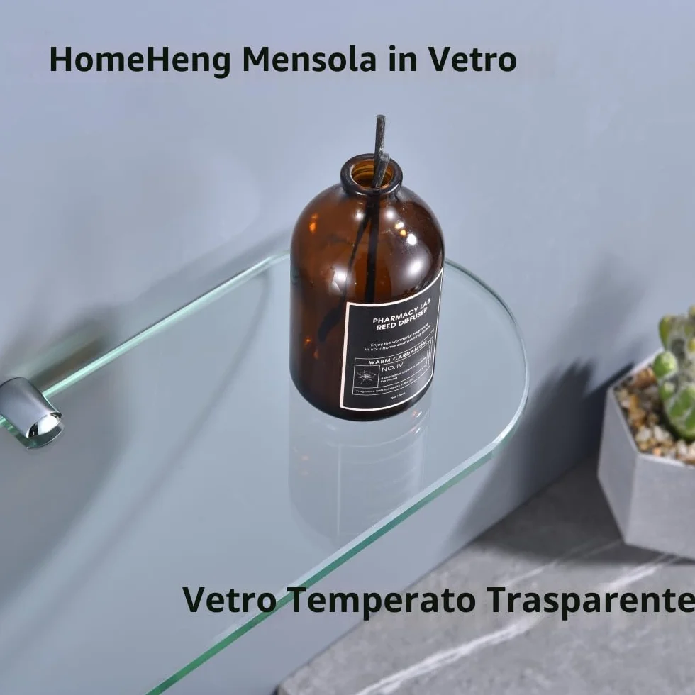 Mensola da Bagno in Vetro Temperato 8mm, 50x12cm Bordo Ovale Curvo, Staffe in Ottone Cromato
