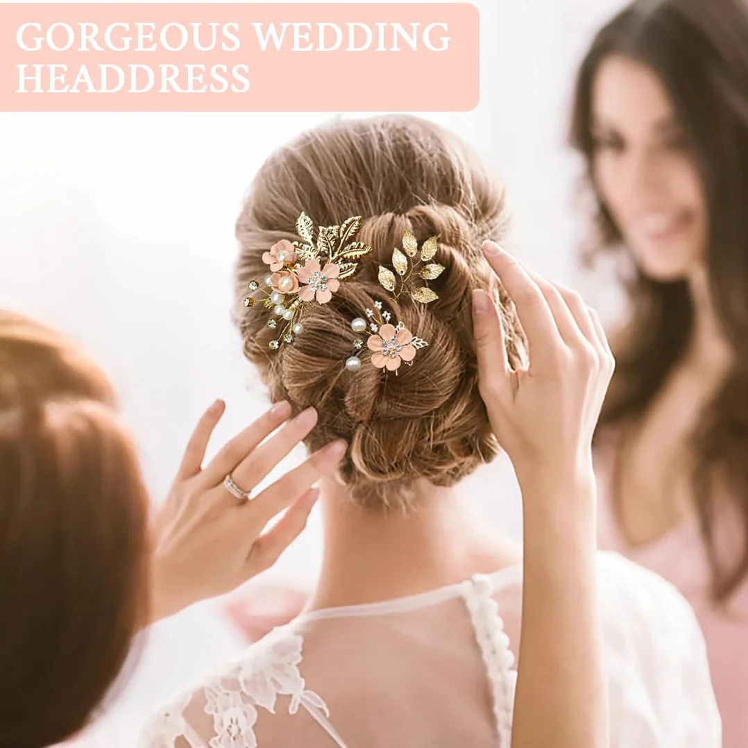 Set di 4 Fermagli Capelli Sposa, Pettine per Capelli da Sposa con Perle,Accessori Capelli Sposa con Strass Rosa,per Accessori per Capelli da Sposa Fascia da Sposa