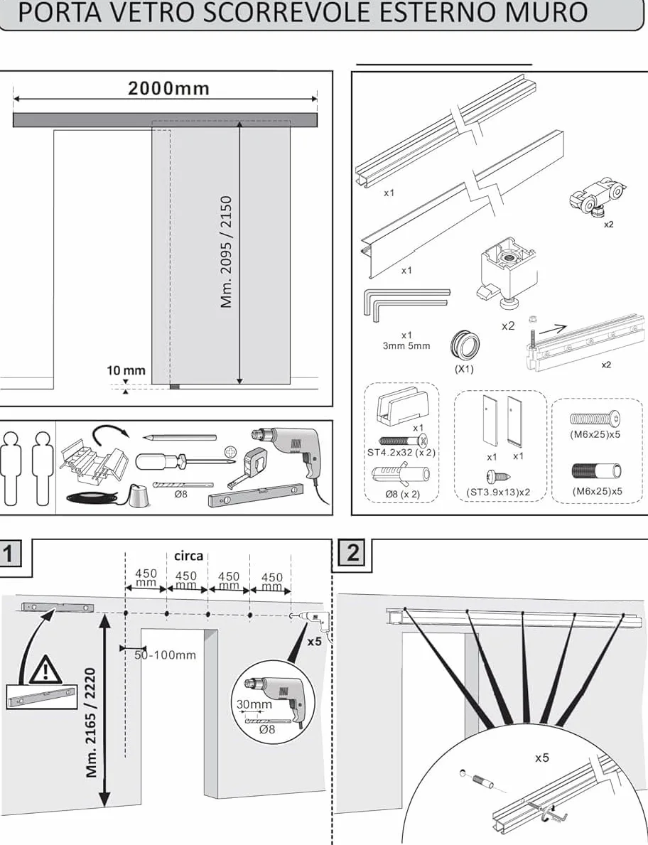 BINARIO KIT PER PORTA SCORREVOLE AERREGI 200 CM KG.80