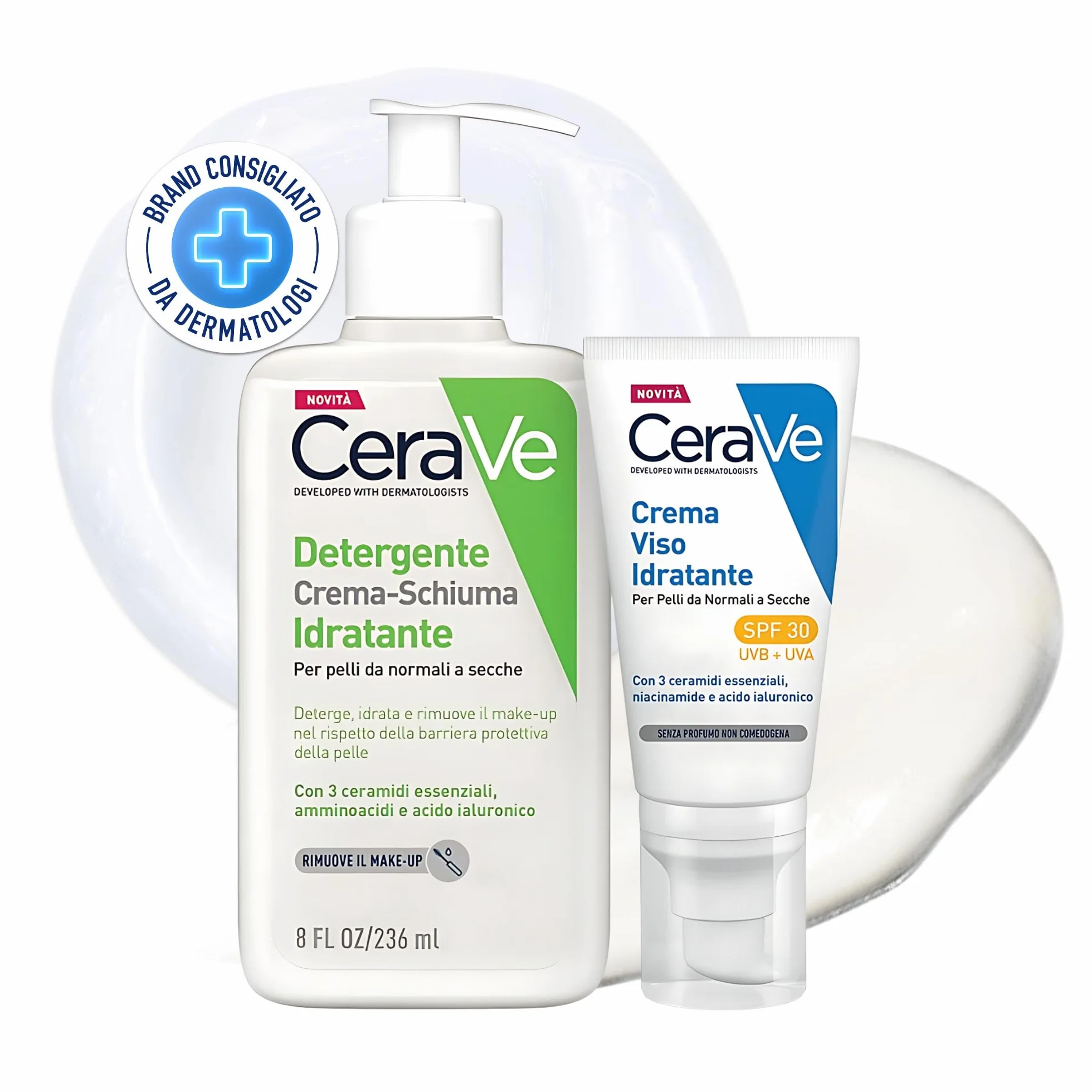CeraVe Kit Skincare Viso Detergente Schiuma, Per Pelli da Normali a Secche, Con 3 Ceramidi, 236 ml + Crema Idratante SPF 30, 52 ml