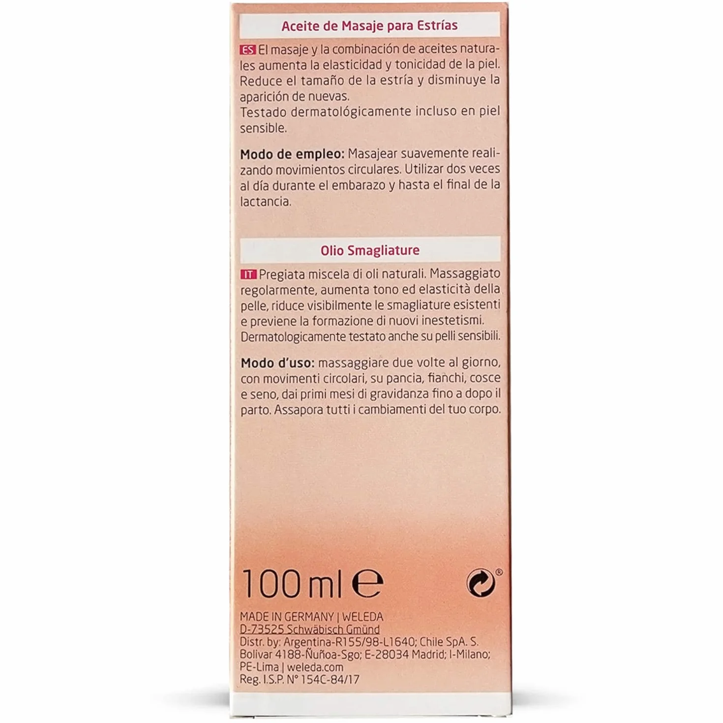 Weleda Olio smagliature, trattamento cosmetico pre-post gravidanza per inestetismi cutanei, con olio di mandorle, dermatologicamente testato (1x100 ml)