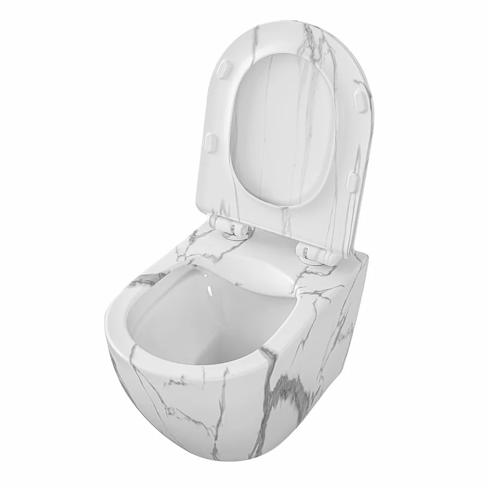 Set Sanitari Sospesi Rimless Ceramica Effetto Marmorizzato Bianco Linea Tokyo L 36 x P 55 x H 33 cm Sedile Soft-Close