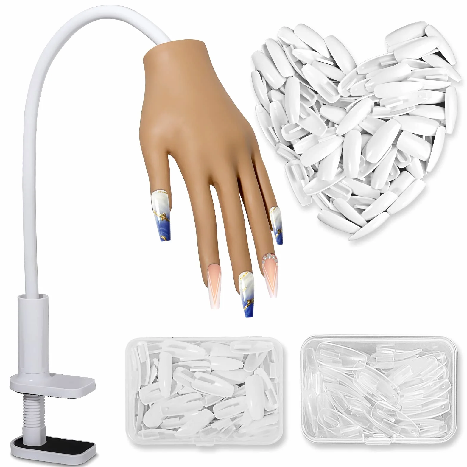Mano Finta per Ricostruzione Unghie: Silicone Mano Pratica Con 200 Pezzi Tip Unghie Finte - Professionale Flessibili Regolabili Mano Finta per Unghie (Marrone)