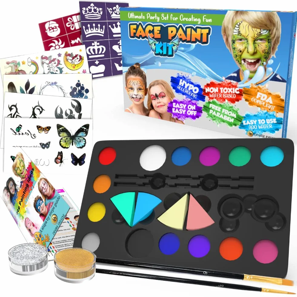 Desire Deluxe Kit Truccabimbi Set Colori per il Viso Tavolozza con Glitter, Stencil e Tatuaggi per Bambini, Ragazzi e Ragazze Regalo Perfetto per Halloween, Natale, Compleanno e Feste