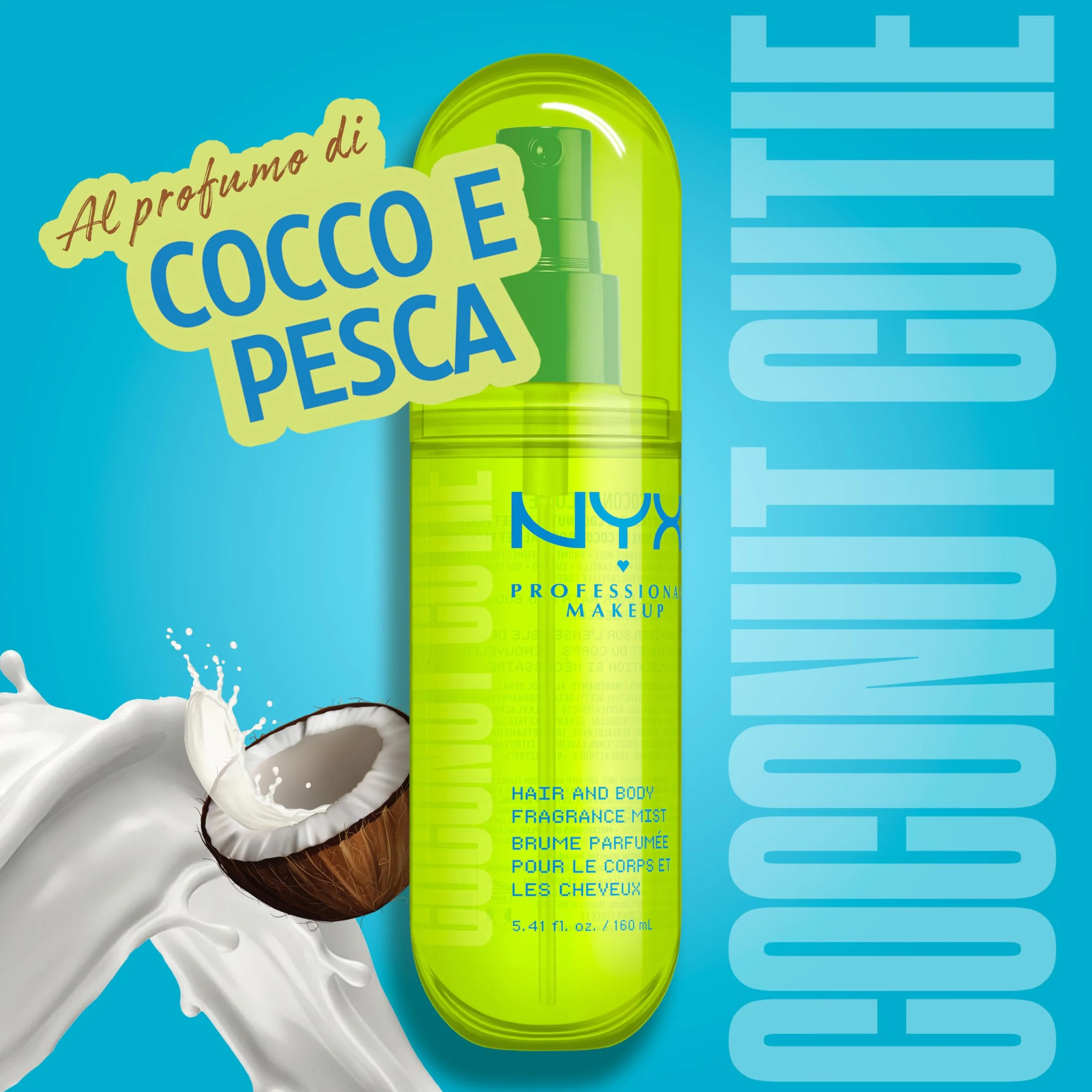 NYX Professional Makeup Fat Oil Body Mist Spray Corpo e Capelli, Fragranza Dolce, Effetto Delicato, Note di Cocco e Pesca, Coconut Cutie, 80 ml