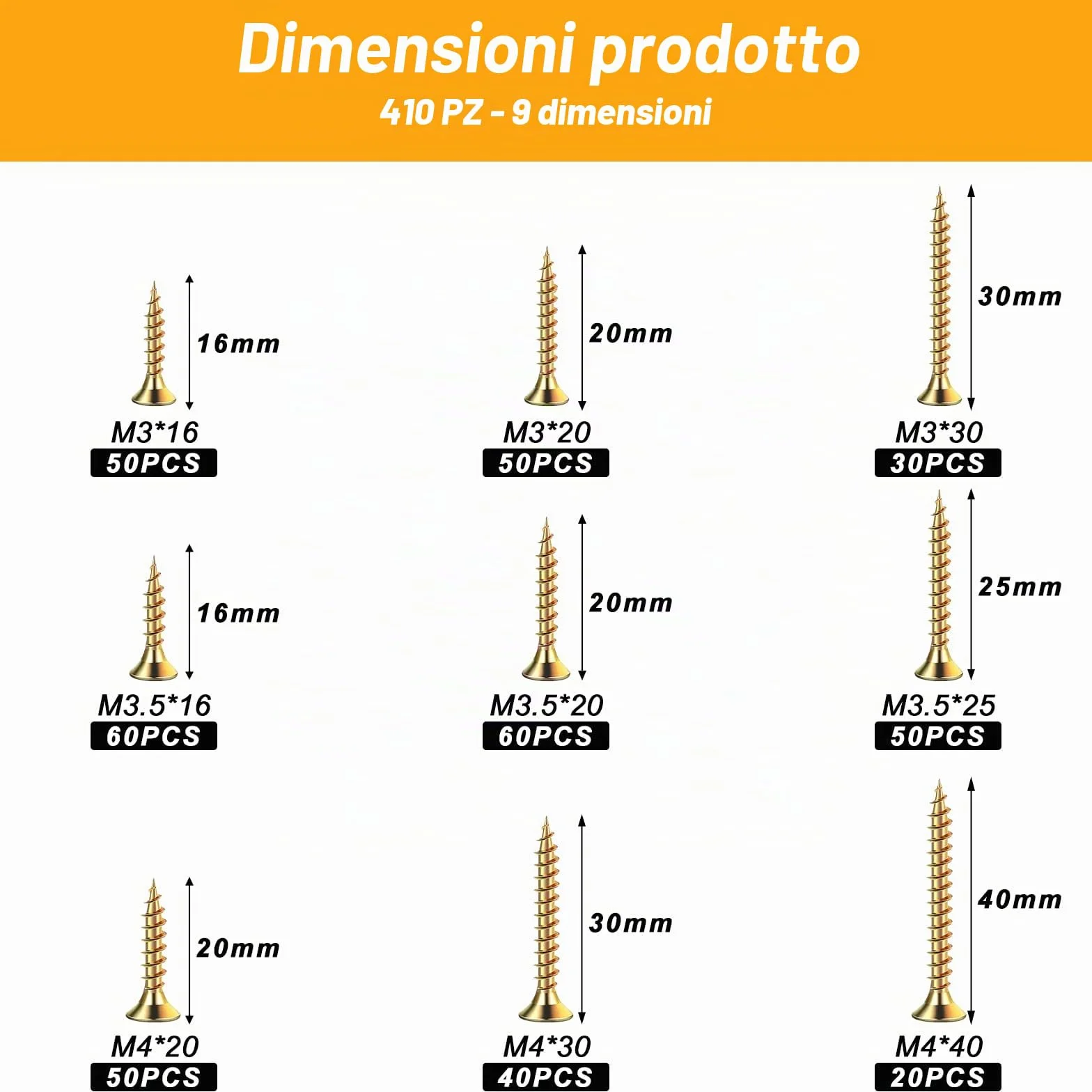 Set di viti autoperforanti M3 M3,5 M4, viti per legno testa piana, assortimento universale, viti a brugola filettatura completa