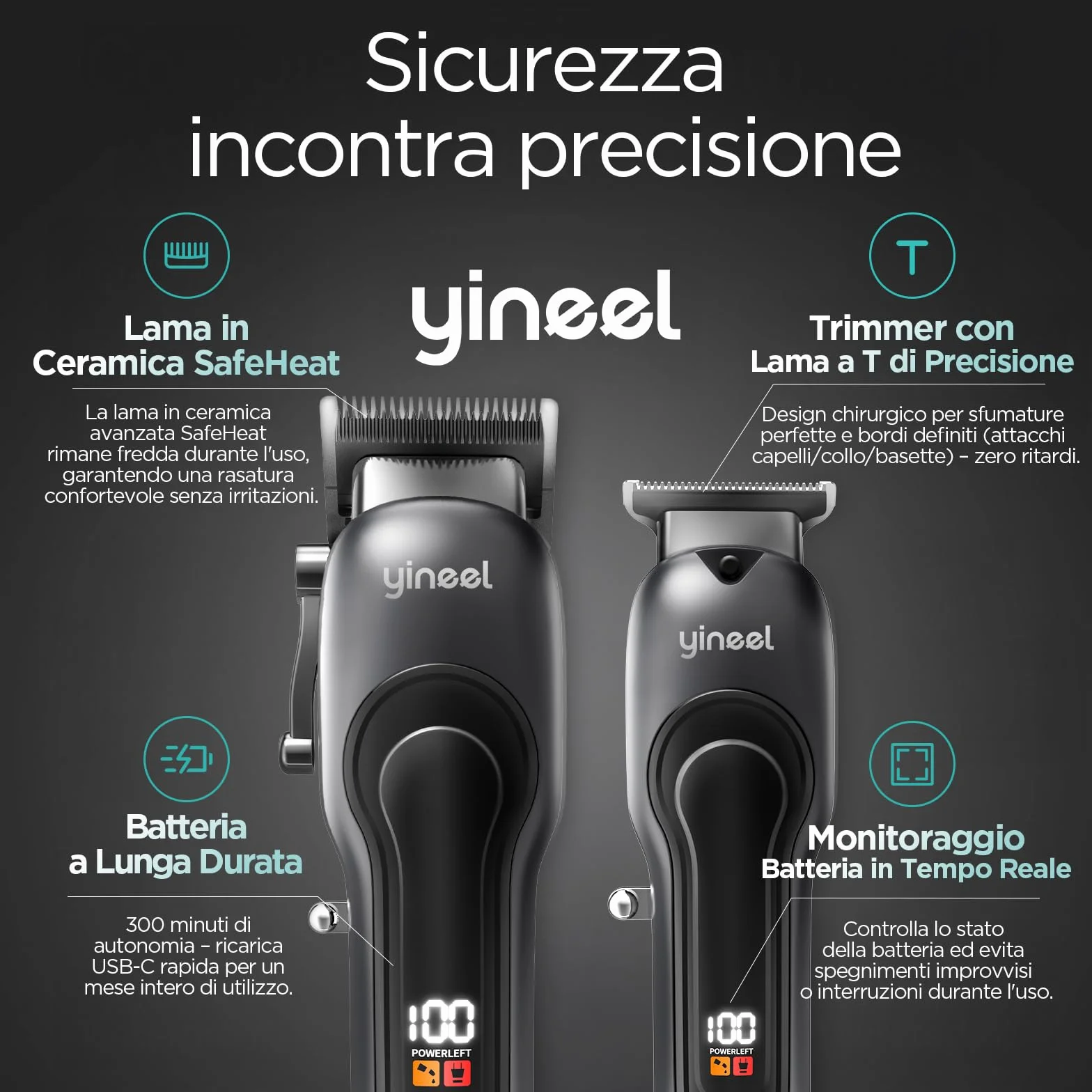 Yineel Tagliacapelli Professionale Uomo, Macchinetta per capelli e Barba Senza Fili con Display LED, Tagliacapelli elettrico con Lama in Ceramica, 300 Min Autonomia, Ricarica USB-C