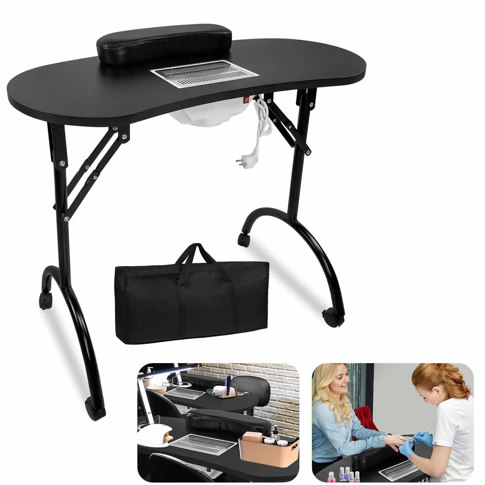 LZQ Tavolo per Manicure Pieghevole Con Aspirazione e Aspirapolvere, 90 x 37 x 77 cm, Colore Nero