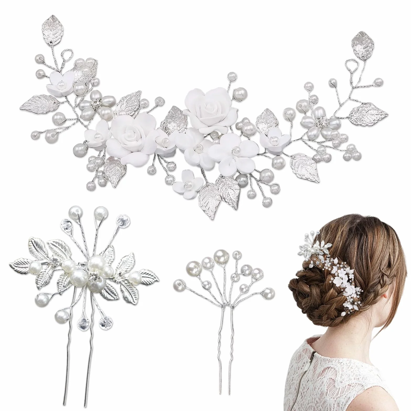 Accessori Capelli Comunione Bambina Set 3 Pezzi – Fermagli Eleganti con Fiori per Cerimonia – Stile U Flessibile – 25 cm – Colore Argento con Perle