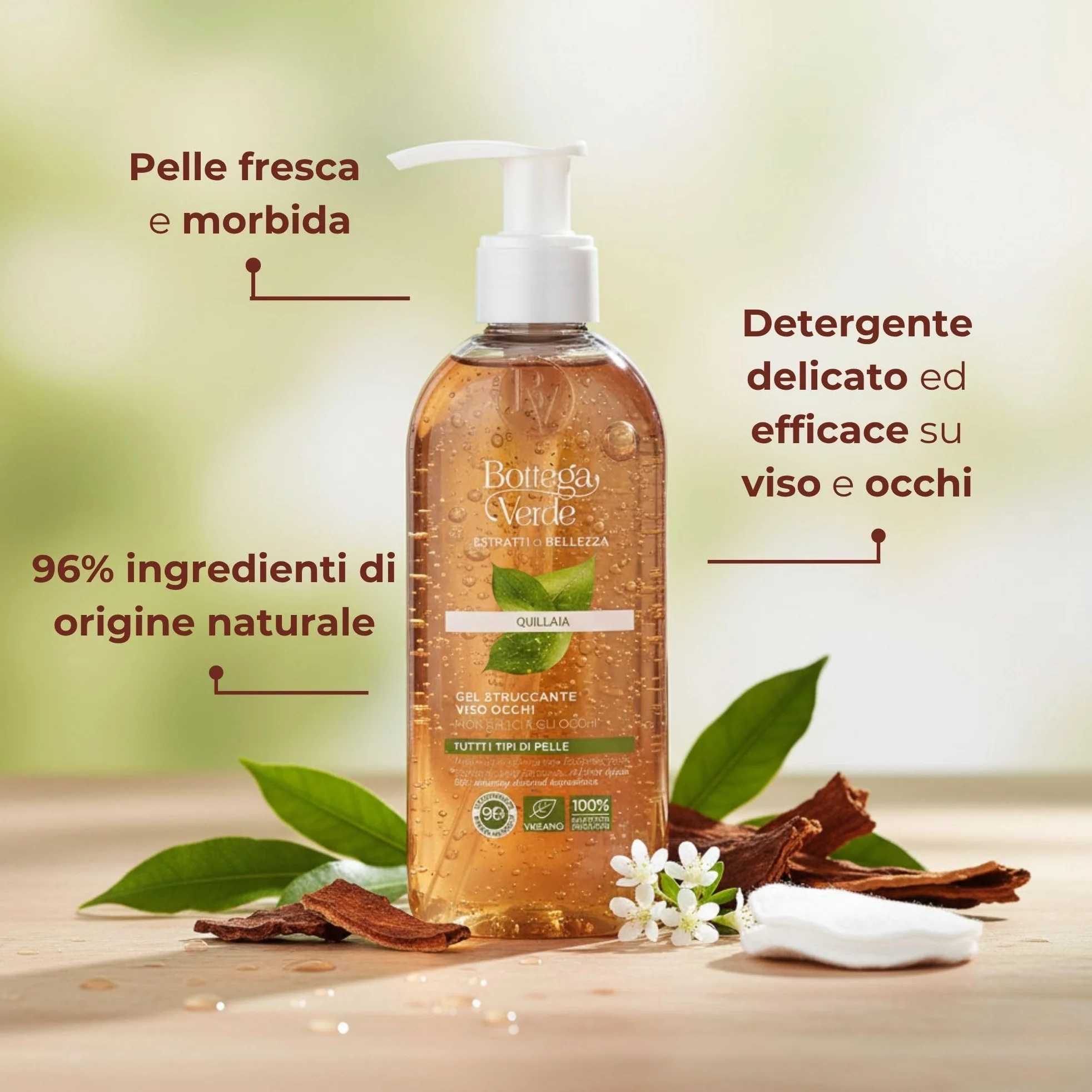 Bottega Verde - Estratti di Bellezza, Gel Struccante Viso e Occhi, 200 ml, con Quillaia per una Azione Detergente Naturale, Non Brucia gli Occhi, Formula Delicata, per Tutti i Tipi di Pelle