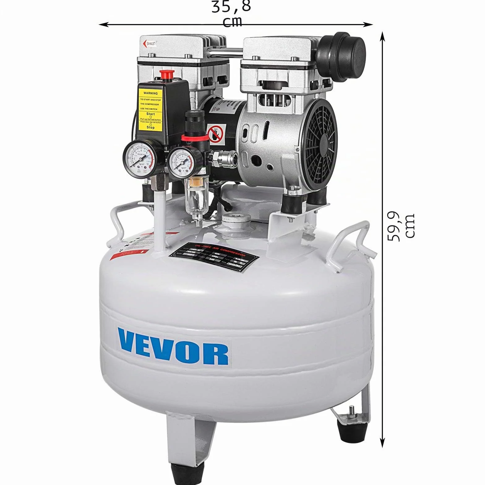VEVOR Compressore d'Aria Senza Olio Ultra Silenzioso 6,6 Galloni 850 W 48 dB Portatile