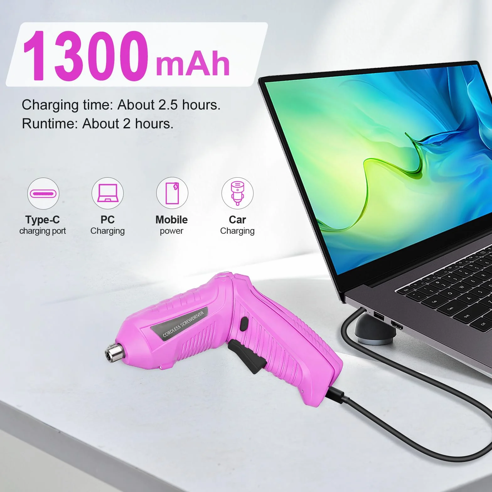 Mini Avvitatore a Batteria 3.6V 1300mAh Ricaricabile USB, Cacciavite Elettrico 47 Pezzi, Coppia 3.6Nm, 2 Posizioni 90°-180°, Luce LED Nero
