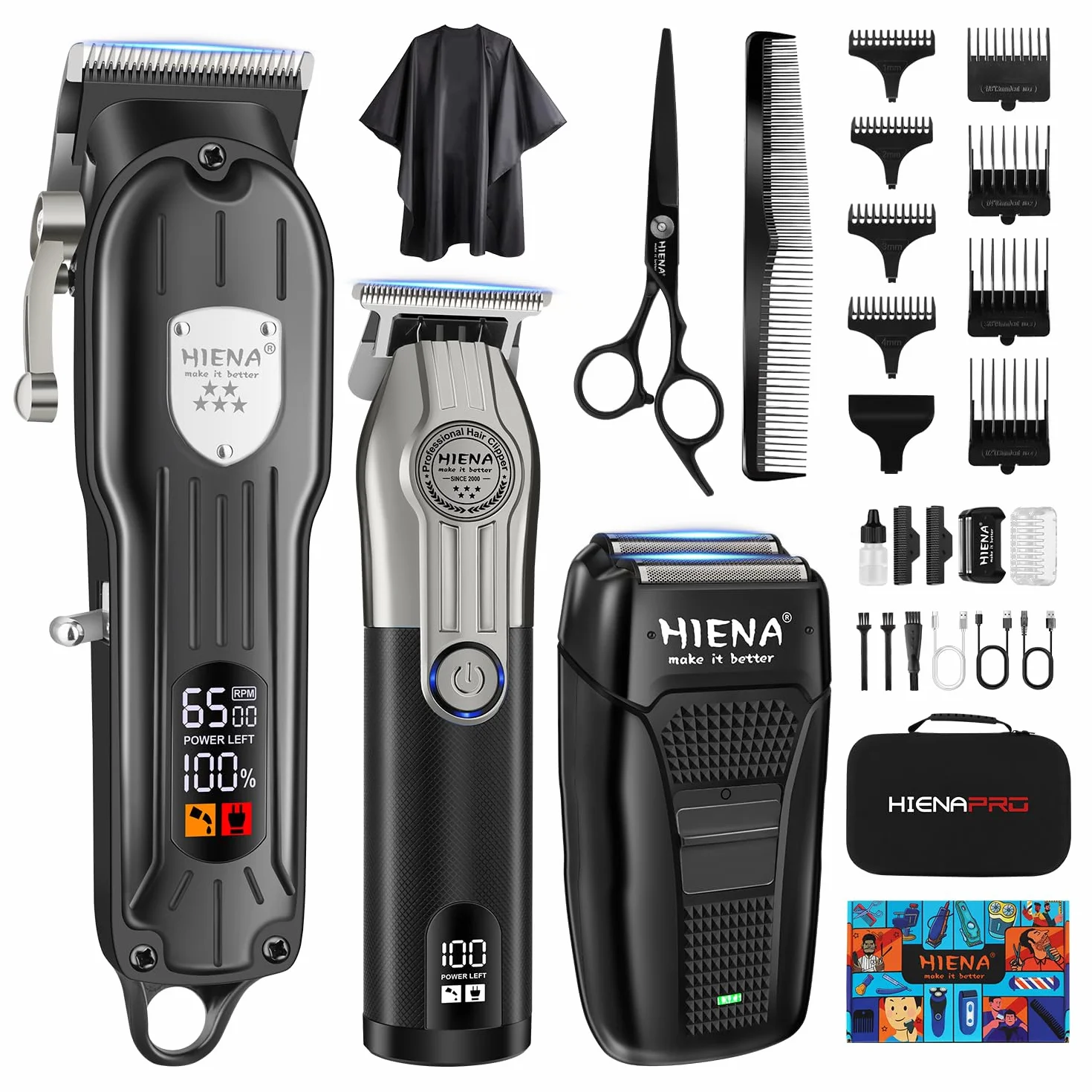 HIENA PRO Tagliacapelli professionale da uomo senza fili elettrico e rasoio a lamina Set di taglio per capelli Kit di taglio per capelli di tipo C ricaricabile per tagliacapelli da barbiere con