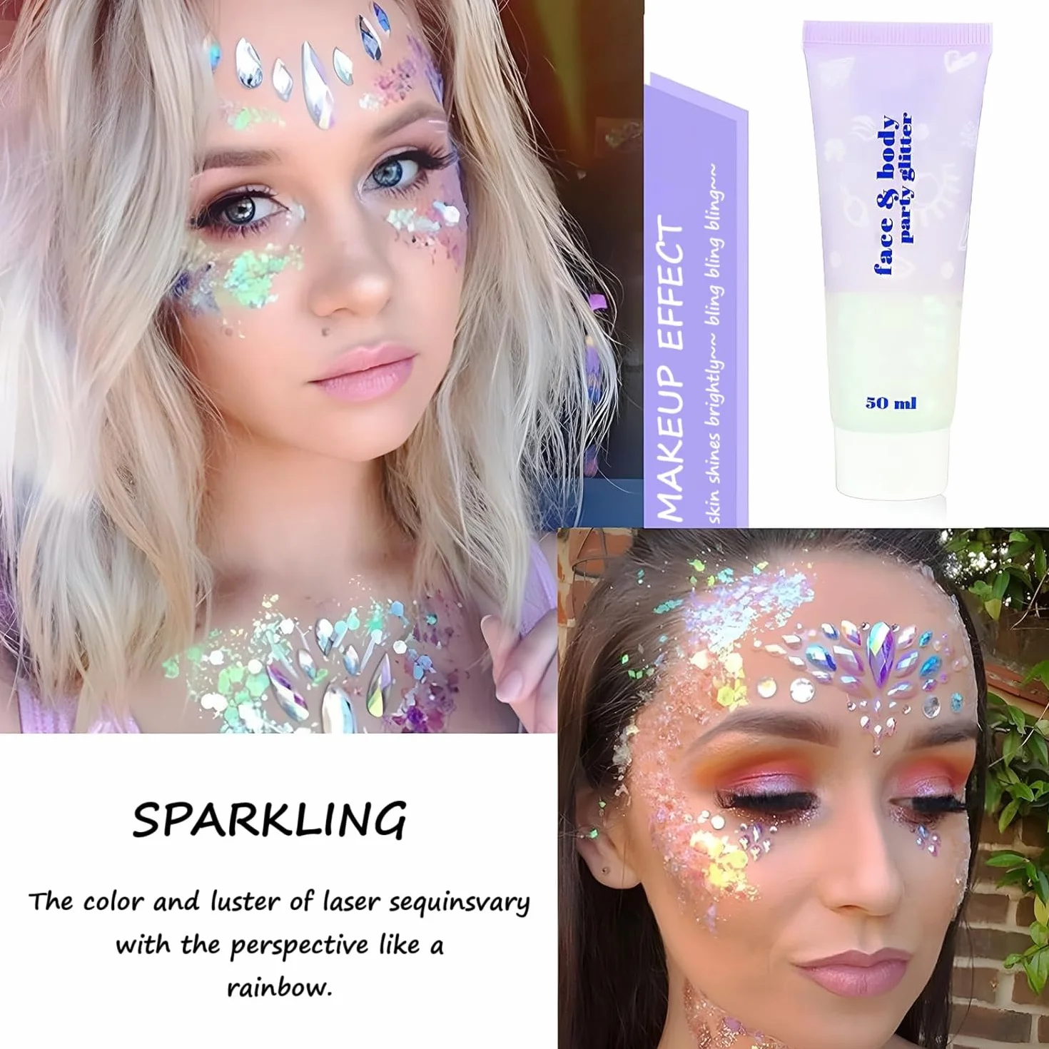 Gel glitter per il corpo, glitter per il viso, gel per il corpo con paillettes, ombretto liquido luccicante, gel glitterato olografico liquido con paillettes a sirena (Bianco)