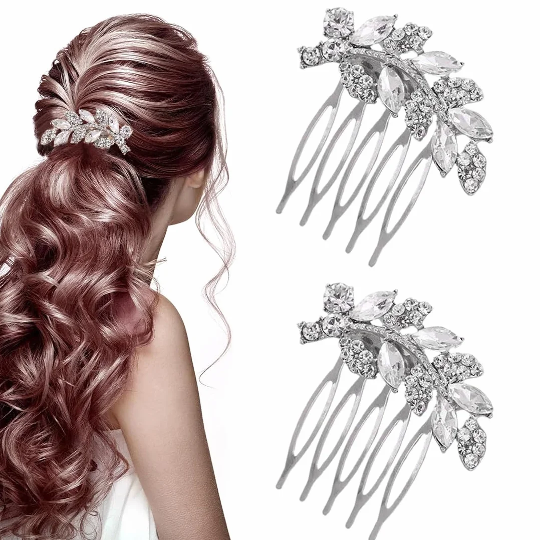 Set da 2 Pettini Capelli Nuziale, Fermaglio per Acconciatura Capelli da Sposa, con Strass luccicanti a forma di Fiore,Accessori per donne e ragazze eleganti