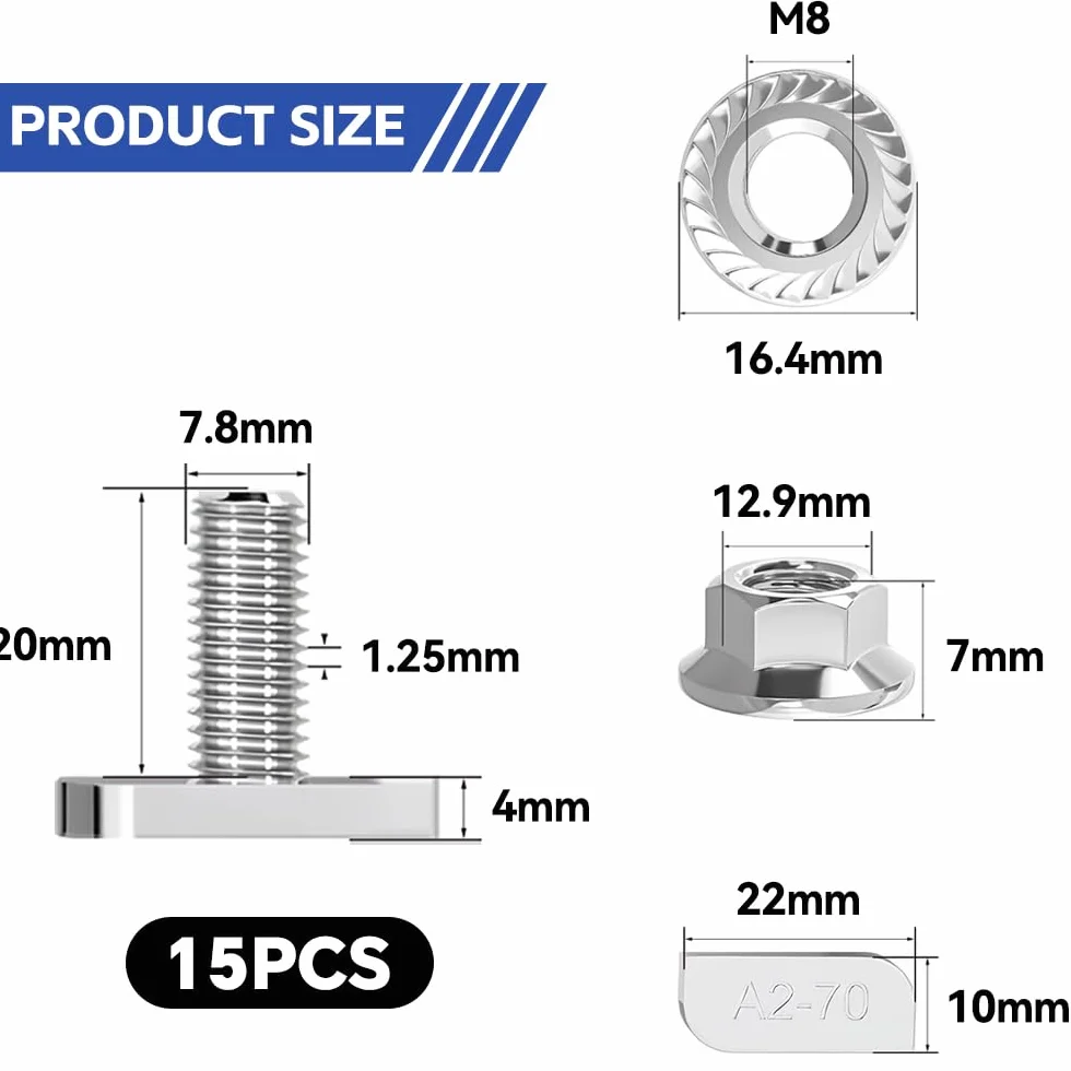 Viti a testa martello M8 x 20 in acciaio inox A2-70 con dadi flangiati 15 pezzi per montaggio solare PV