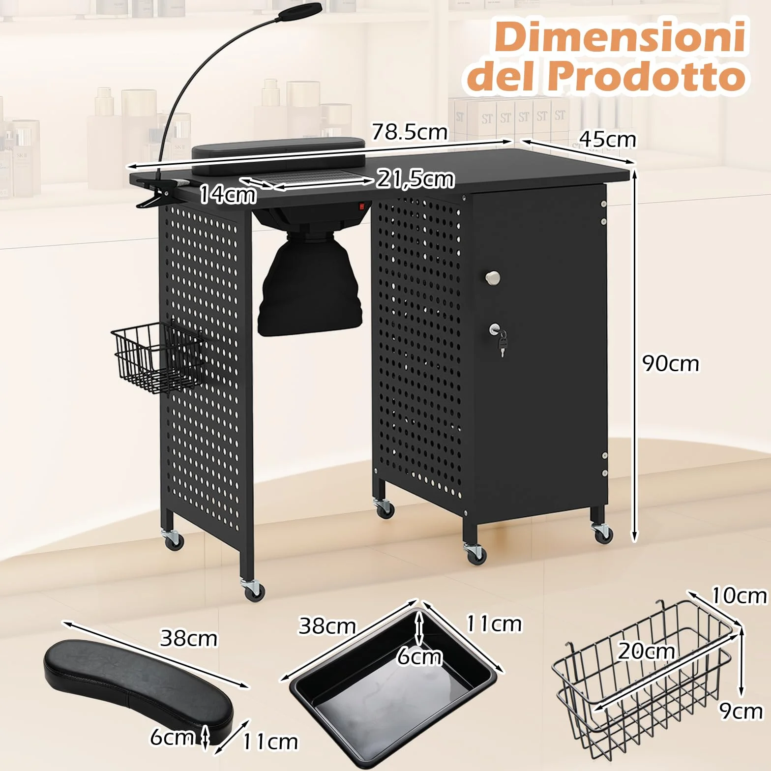COSTWAY Tavolo Manicure con Aspiratore, Tavolo per Unghie con 6 Ruote Bloccabili, Sacchetti per Polvere, Armadio Chiudibile con 4 Vassoi, Poggiapolsi, Lampada LED e Cestino Metallico, 90x79x45cm