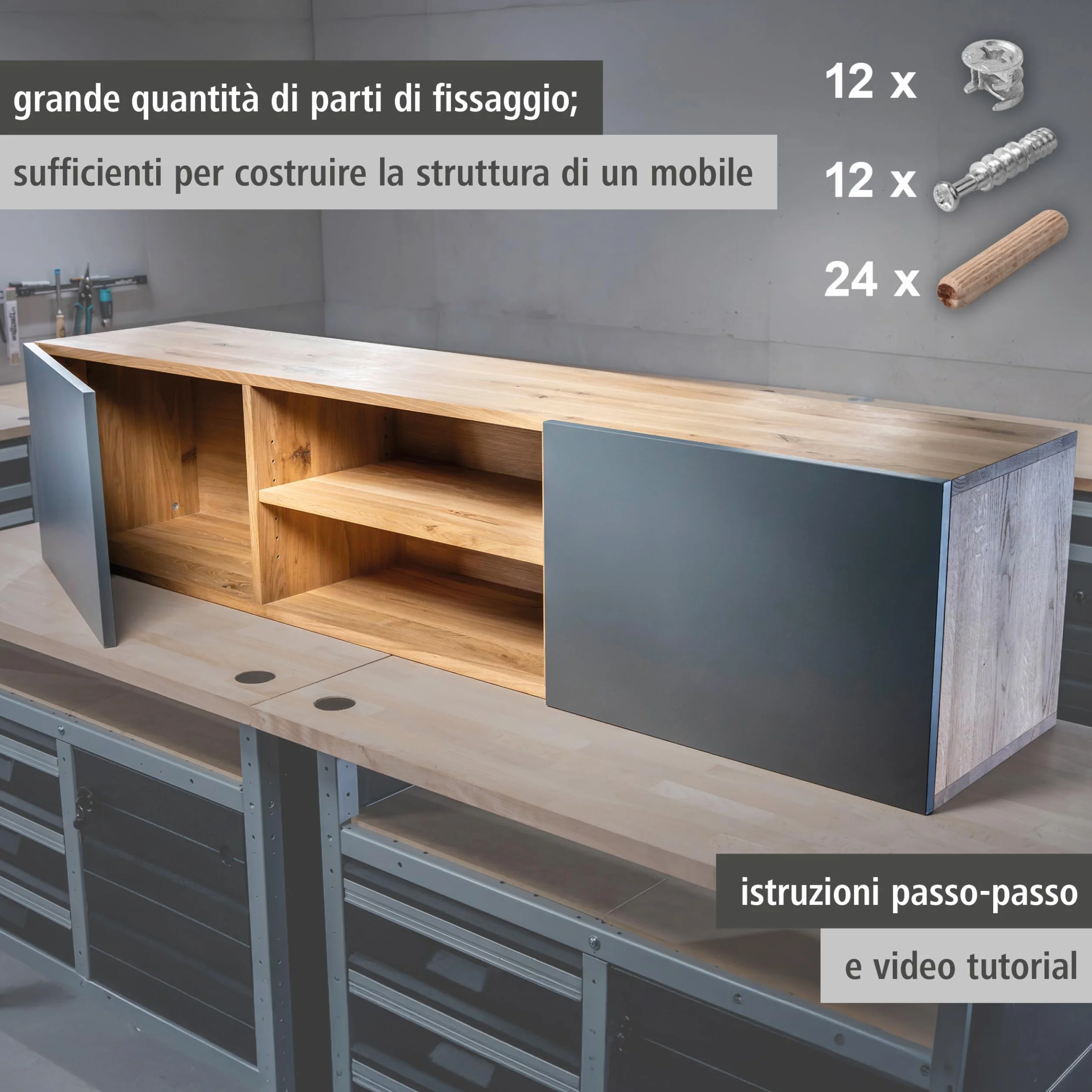 Wolfcraft Set Giunzioni Eccentriche per Mobili, Dima Foratura con Punte, Arresti Profondità, Tasselli Legno per Giunzioni Piane, Angolo e T